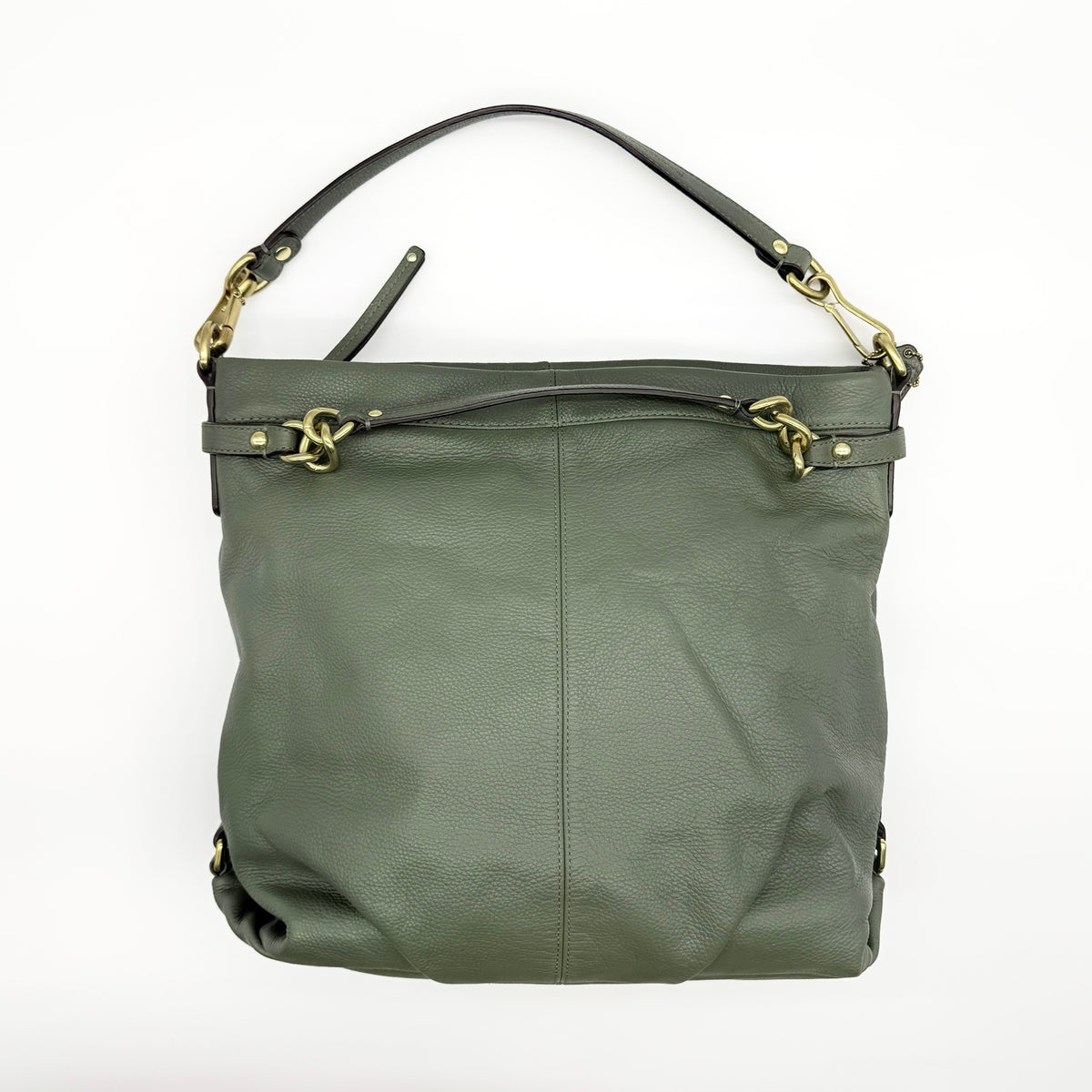 Coach Brooke Large Hobo Shoulder Bag in olive green pebbled leather with brass hardware, shown on a white background.