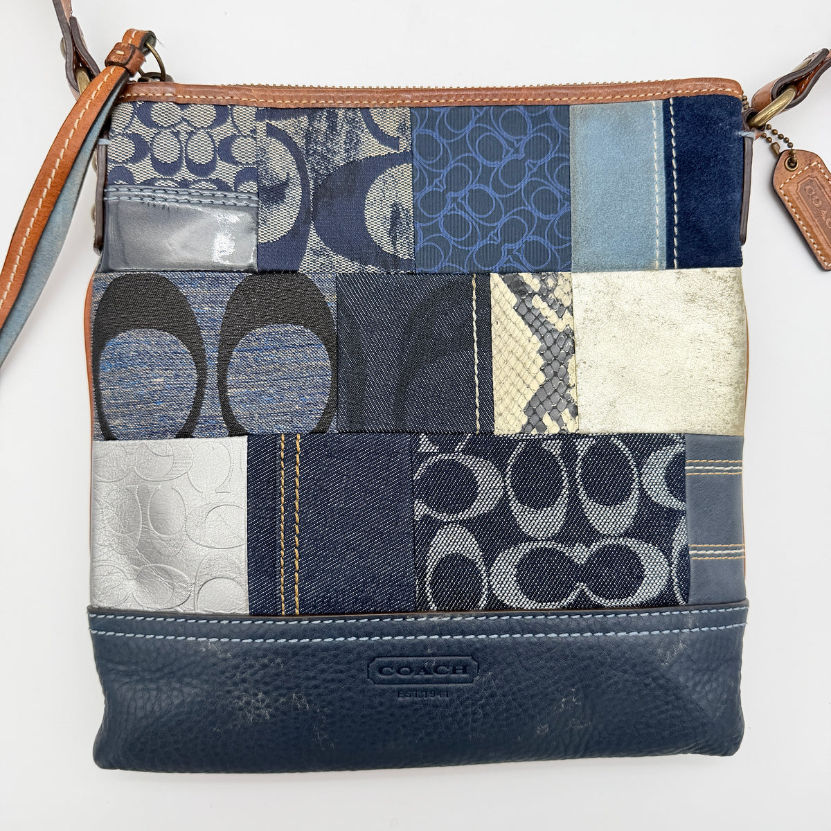 Coach Signature Denim Patchwork Swingpack Crossbody Bag Blue/Brown