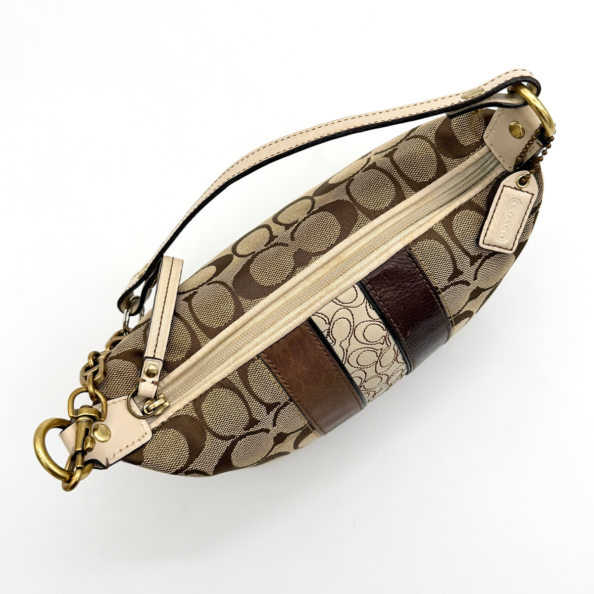 Coach Signature Stripe Mini Hobo Shoulder Bag Beige/Brown