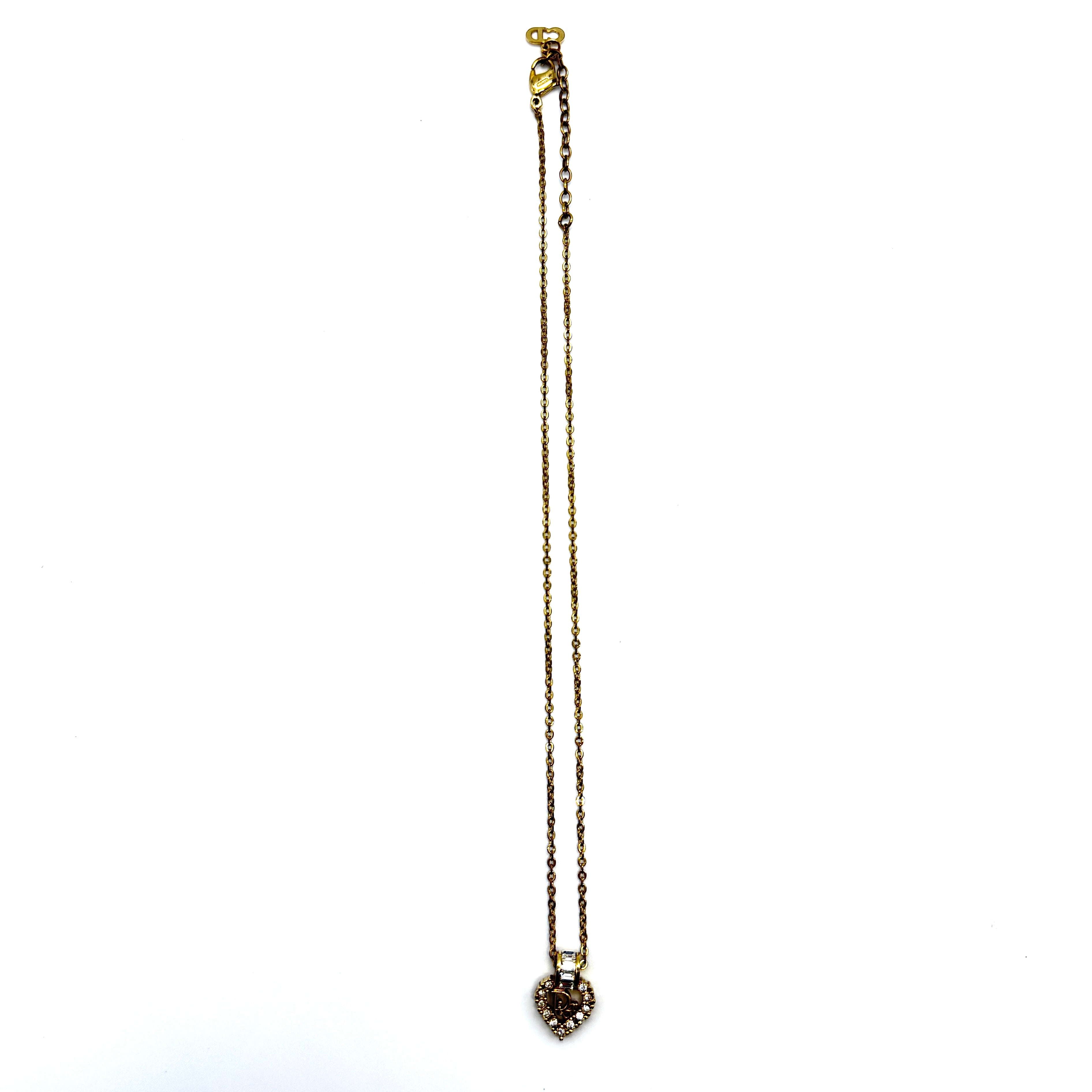 Dior Rhinestone Heart Logo Necklace Gold