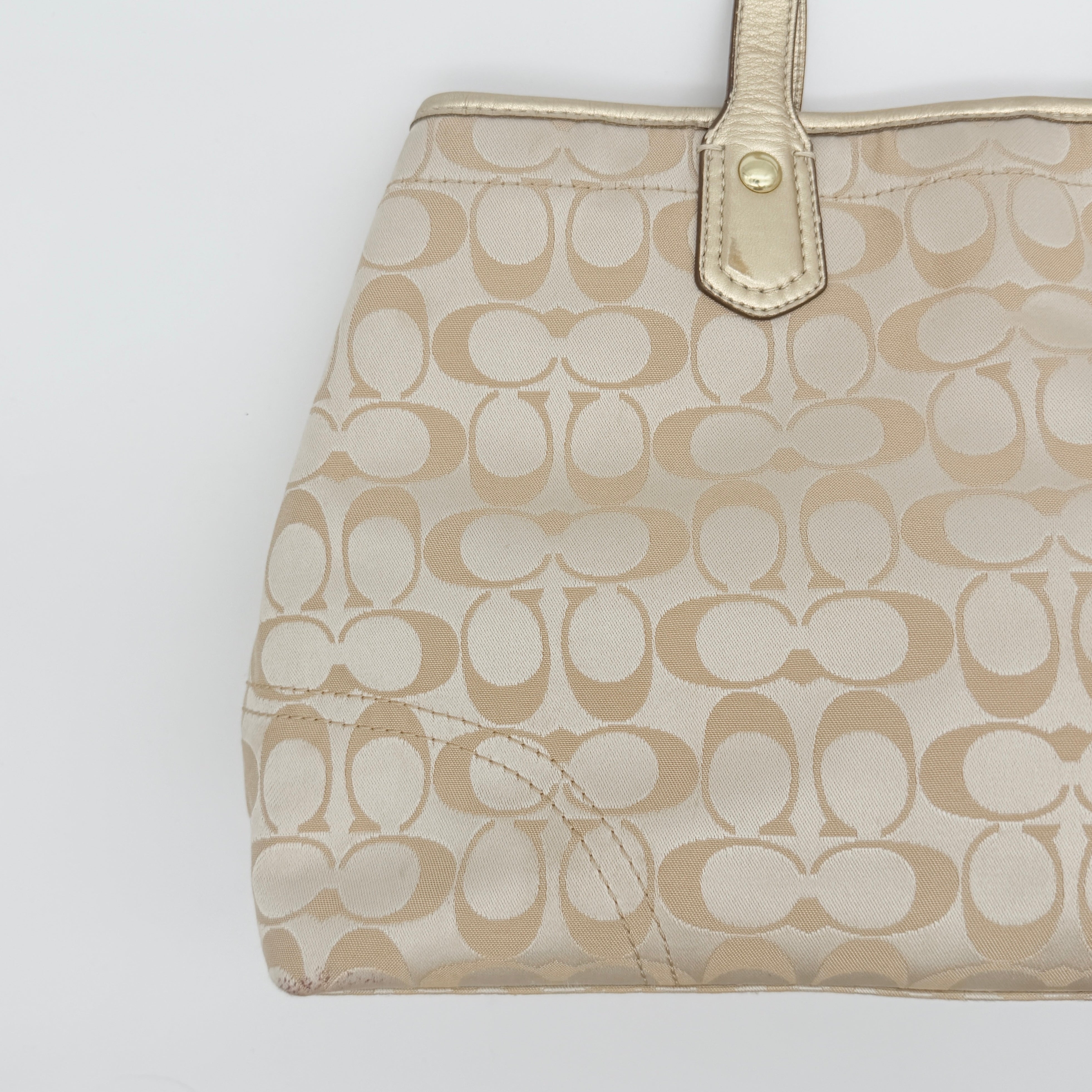 Coach beige carryall tote with floral appliqué and gold-tone handles, styled on a white background.