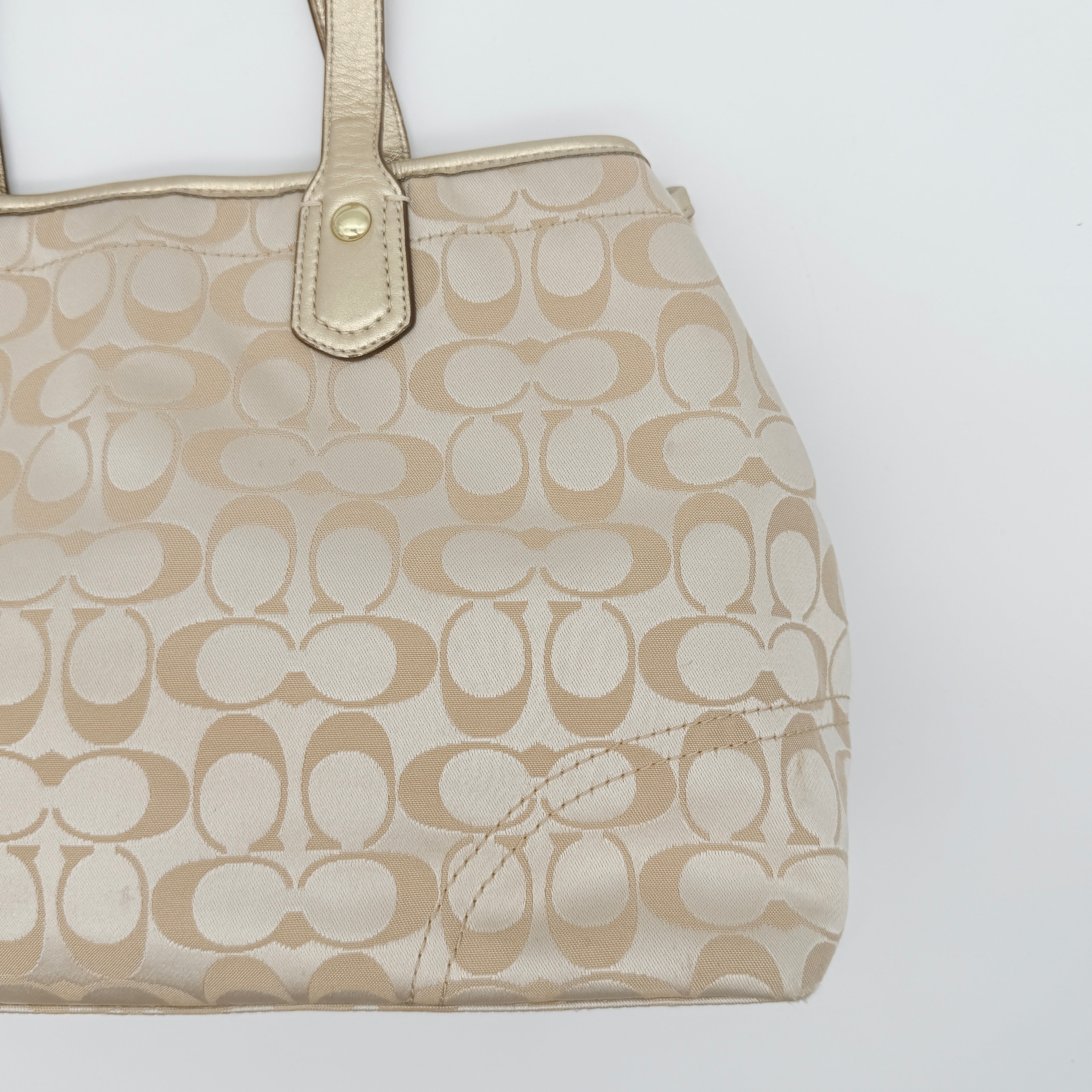 Coach beige carryall tote with floral appliqué and gold-tone handles, styled on a white background.