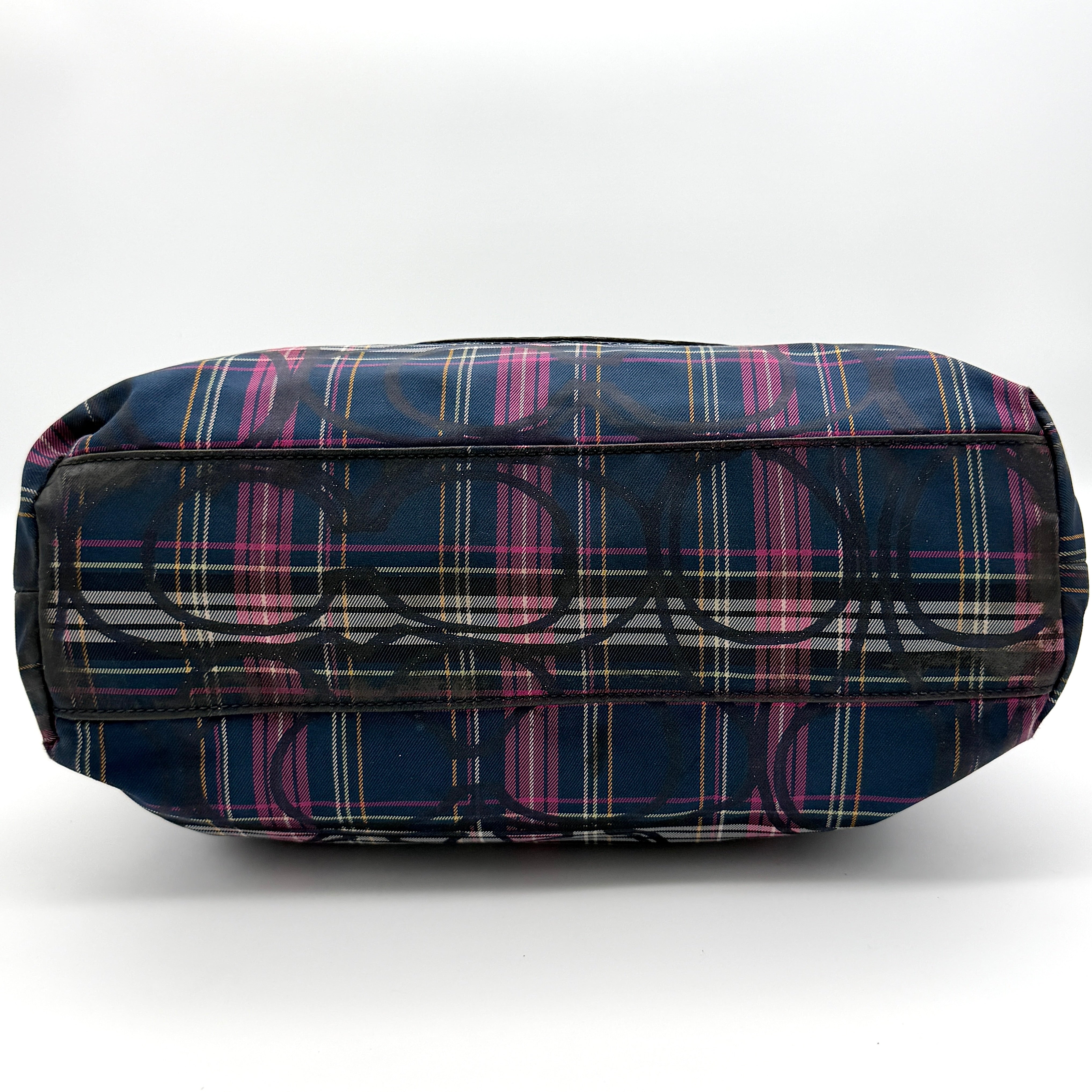 Coach Signature Tartan Plaid Tote Bag in navy, pink and yellow plaid with embossed leather circle and black leather trim.