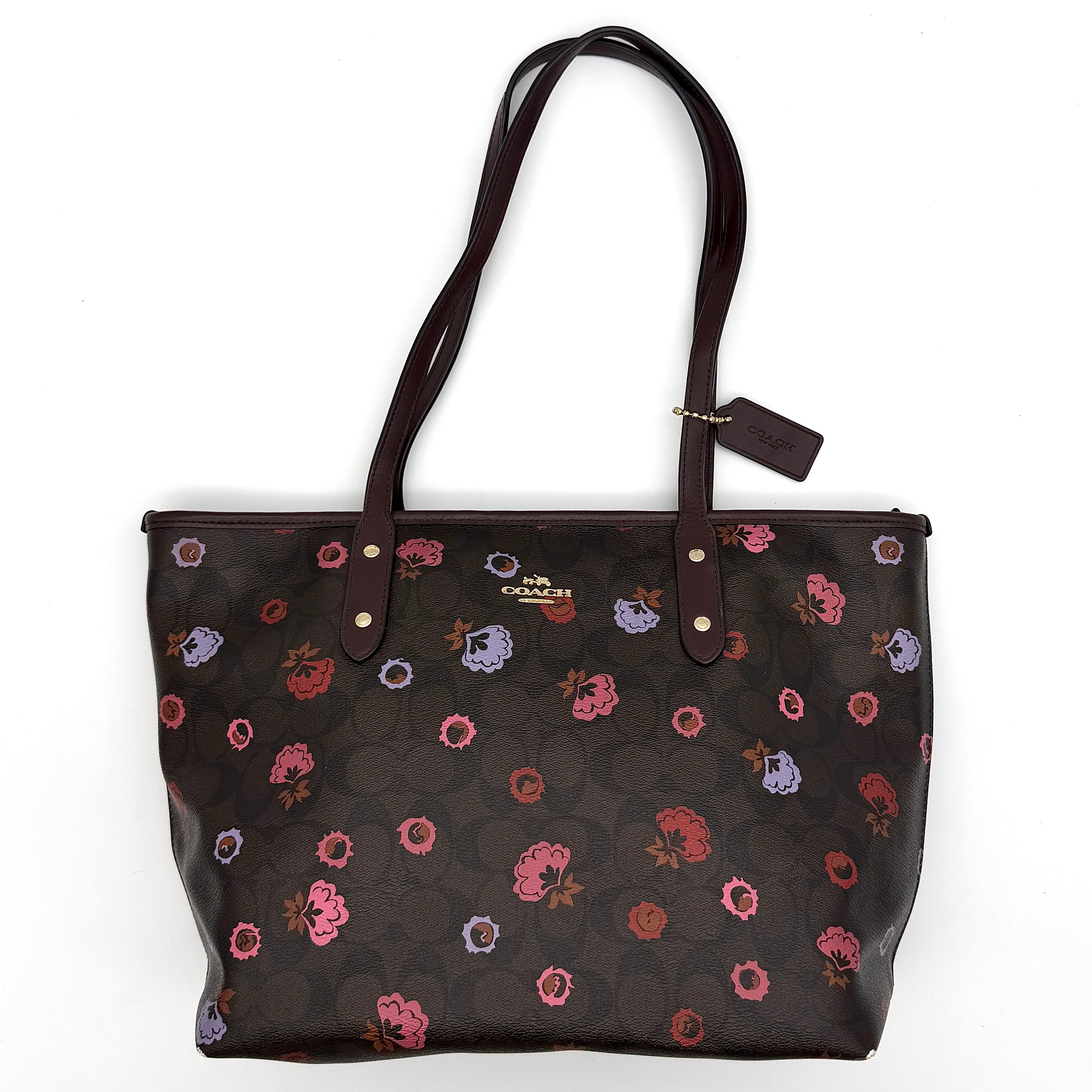 Coach Signature Floral Print City Tote Bag Brown