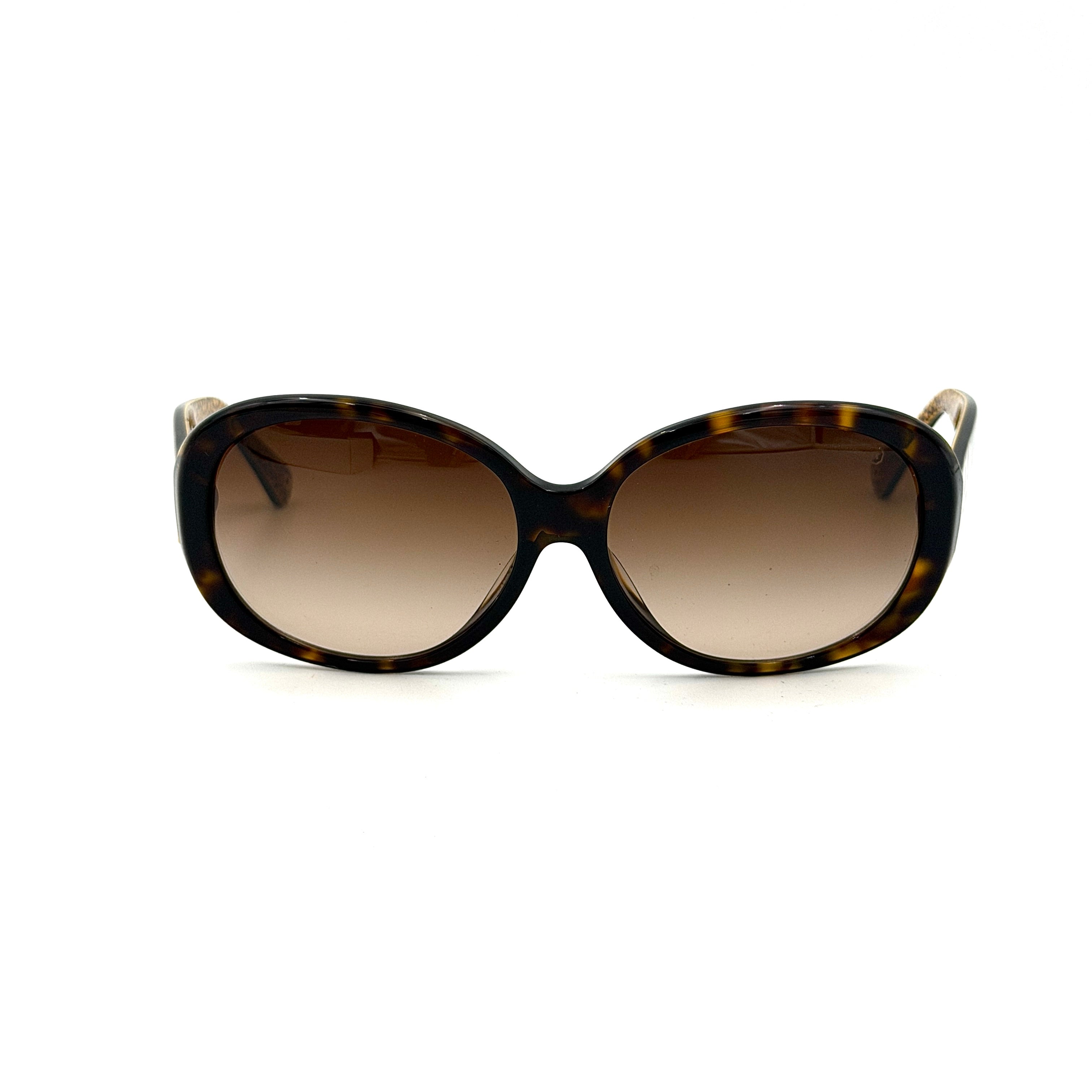 Coach HC8038F sunglasses in dark tortoise acetate with oversized oval frames and gold logo detail on the temple.
