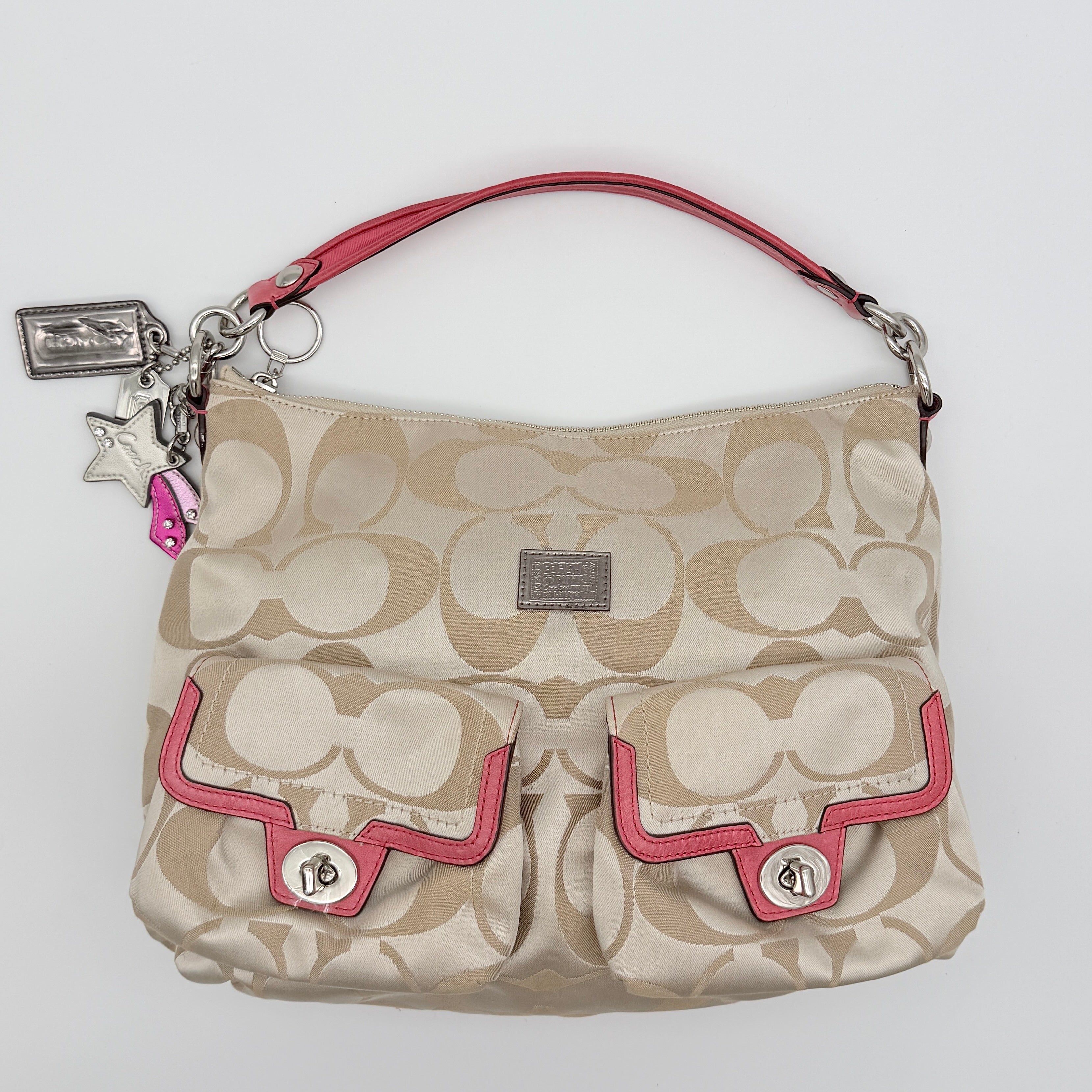 Coach Signature Poppy Pocket Hobo Sateen Shoulder Bag Beige/Pink