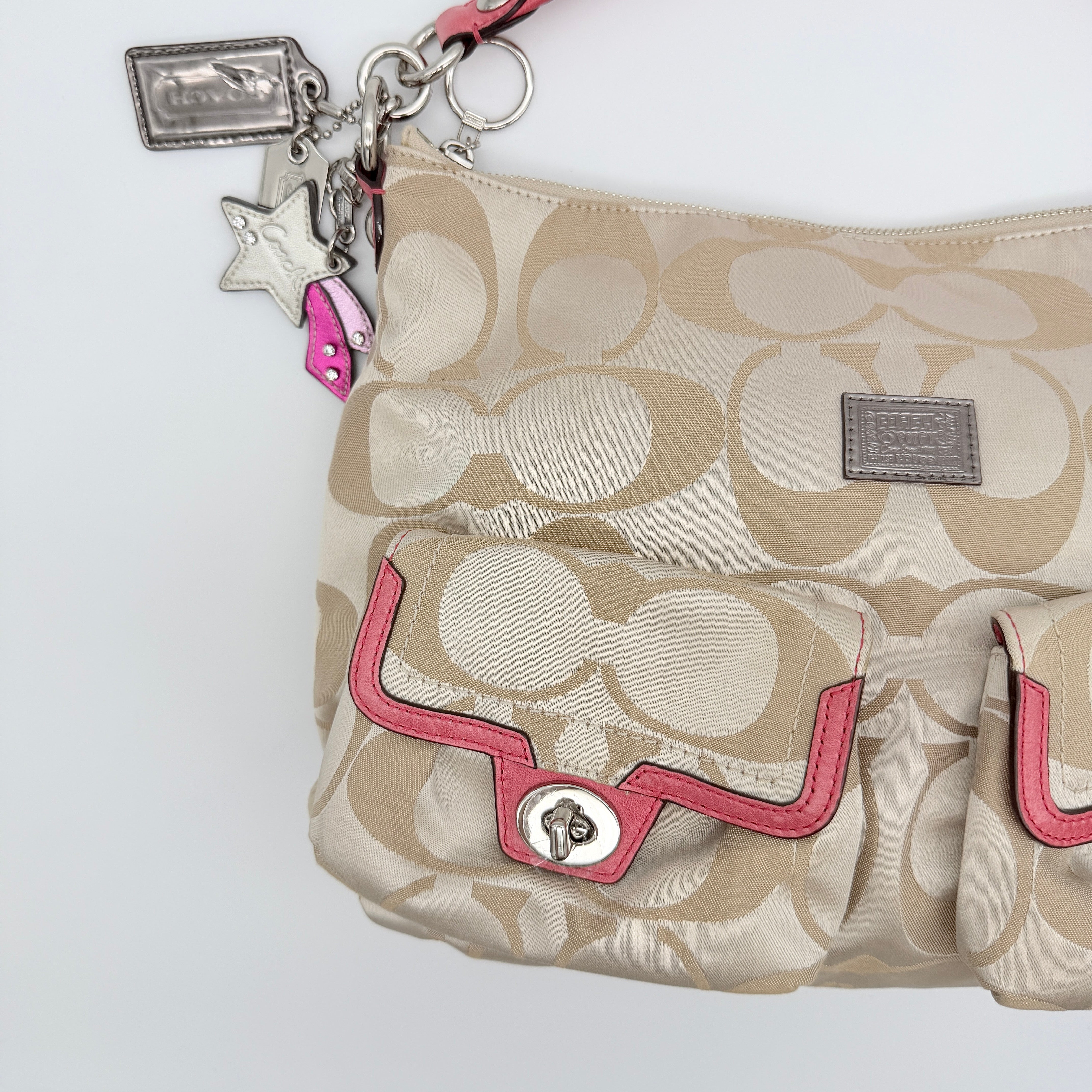 Coach Signature Poppy Pocket Hobo Sateen Shoulder Bag Beige/Pink