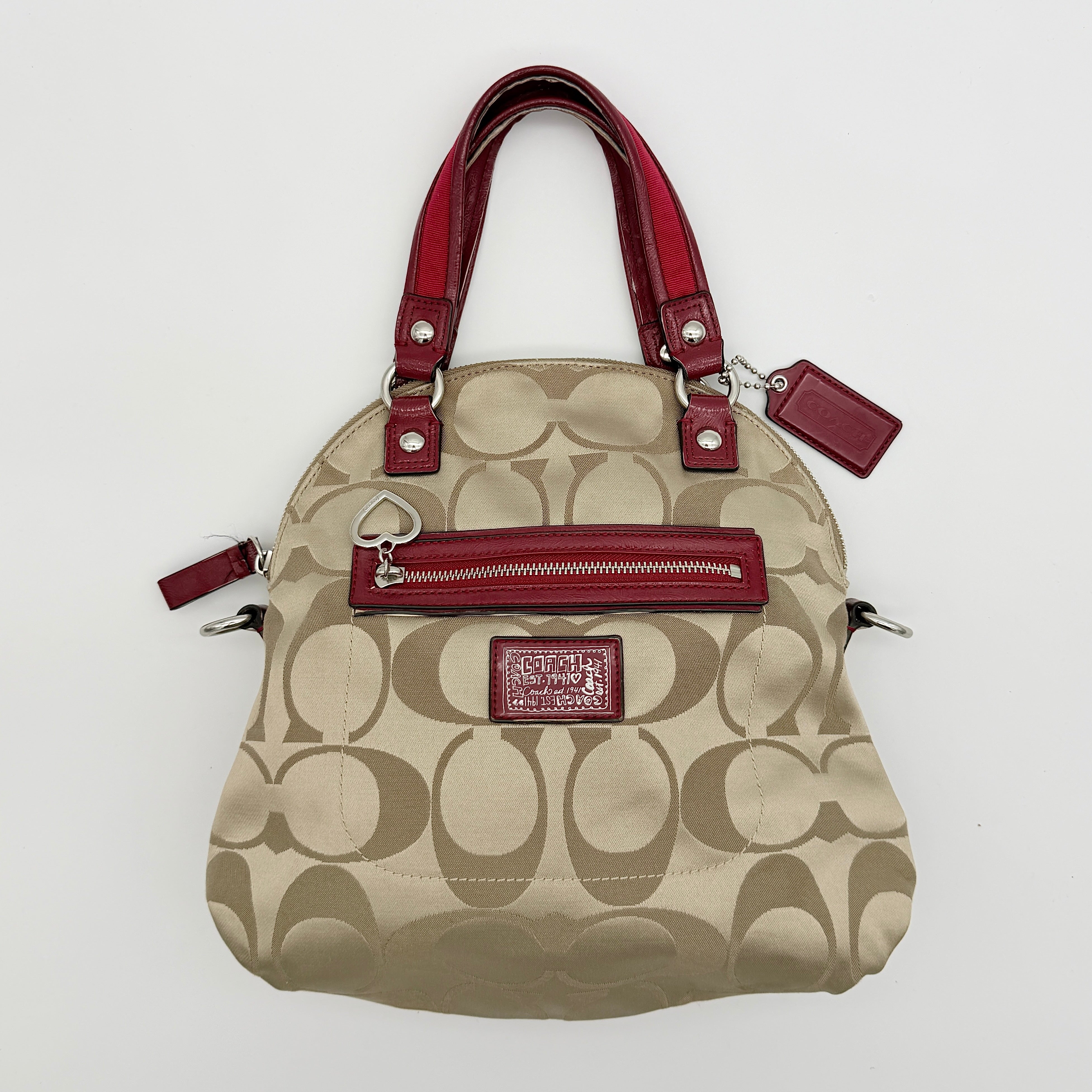 Coach 2Way Signature Poppy Satchel Handbag Beige/Red