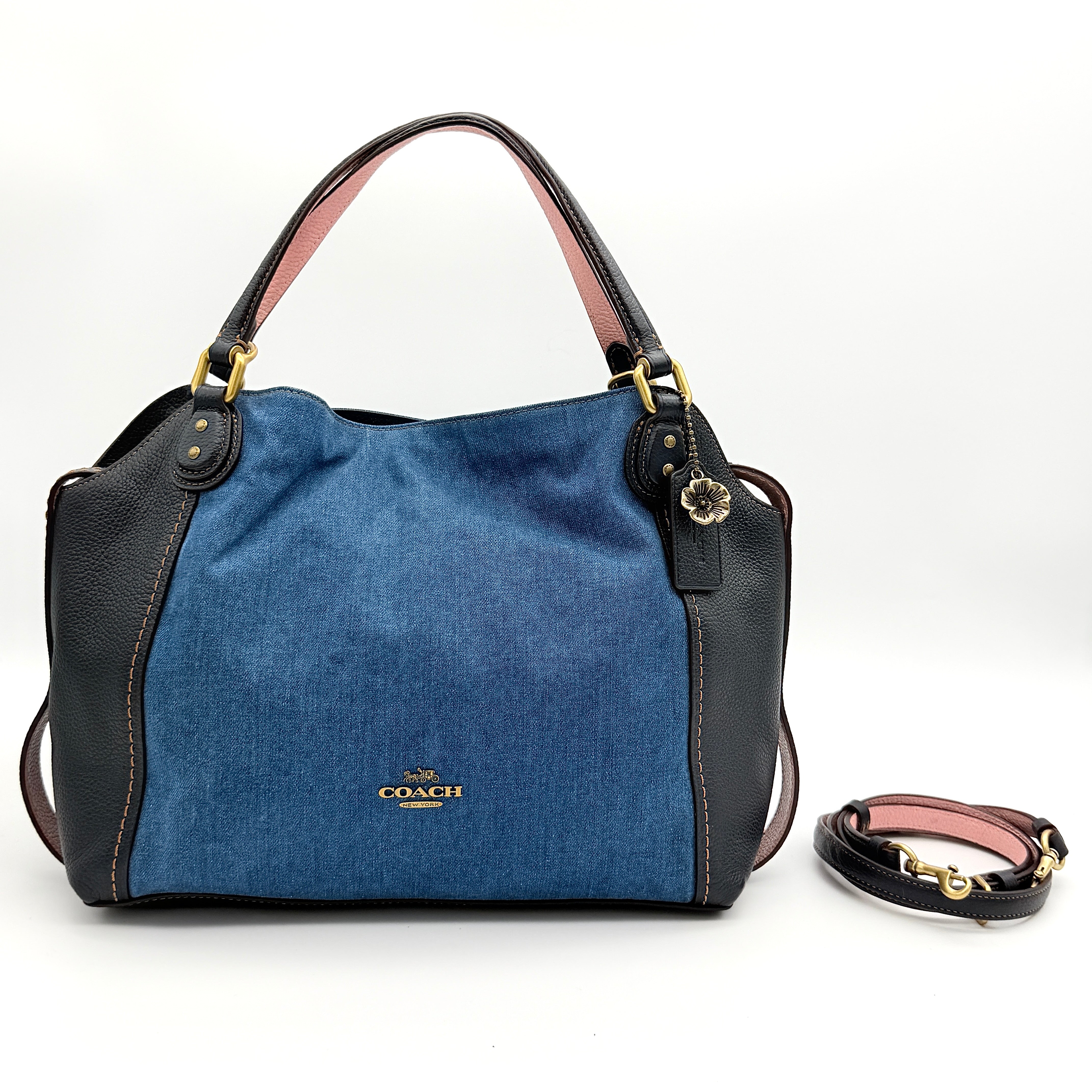Coach 2Way Edie Denim Shoulder Bag Navy Blue/Pink