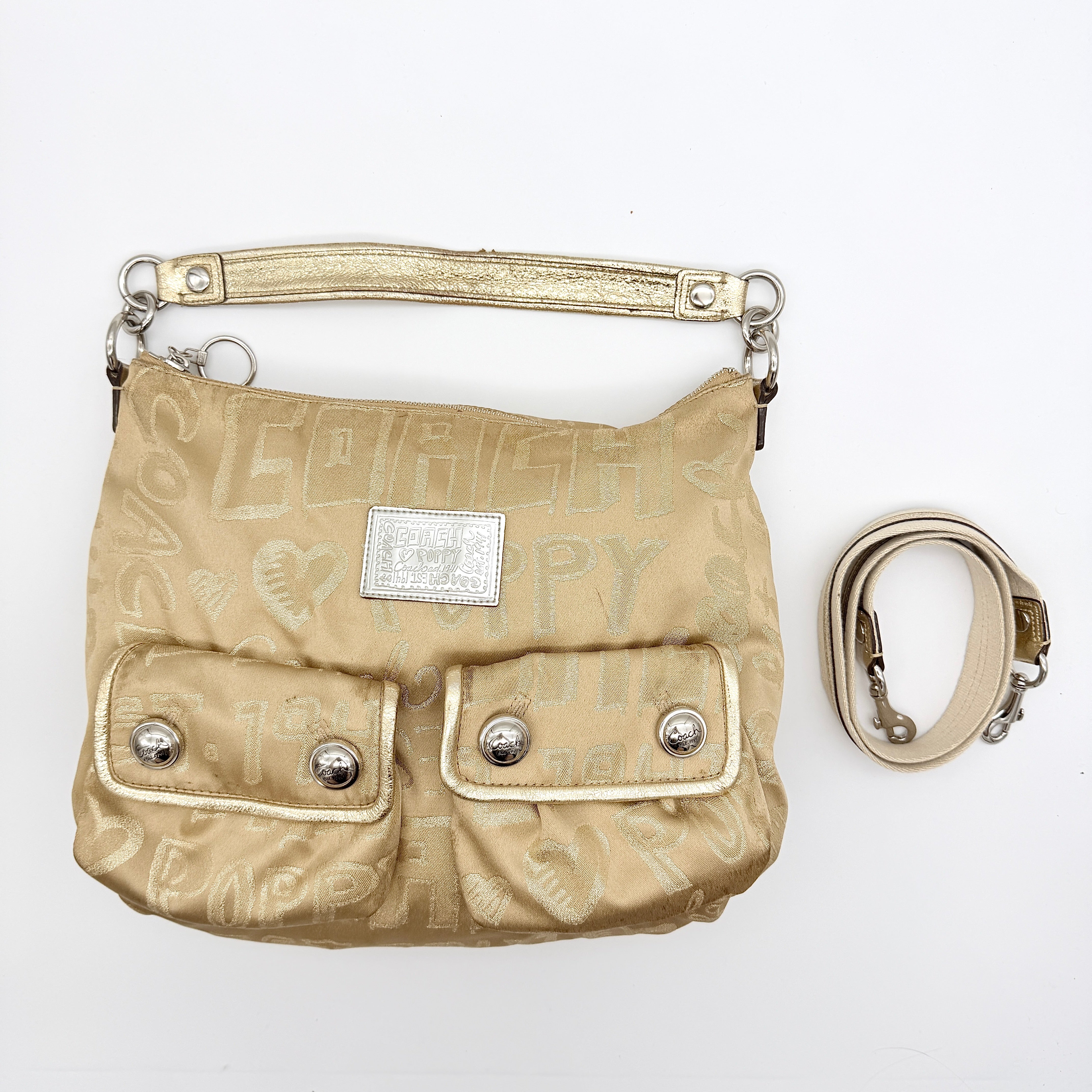 Coach Signature Poppy Pocket Hobo Sateen Shoulder Bag Beige/Gold