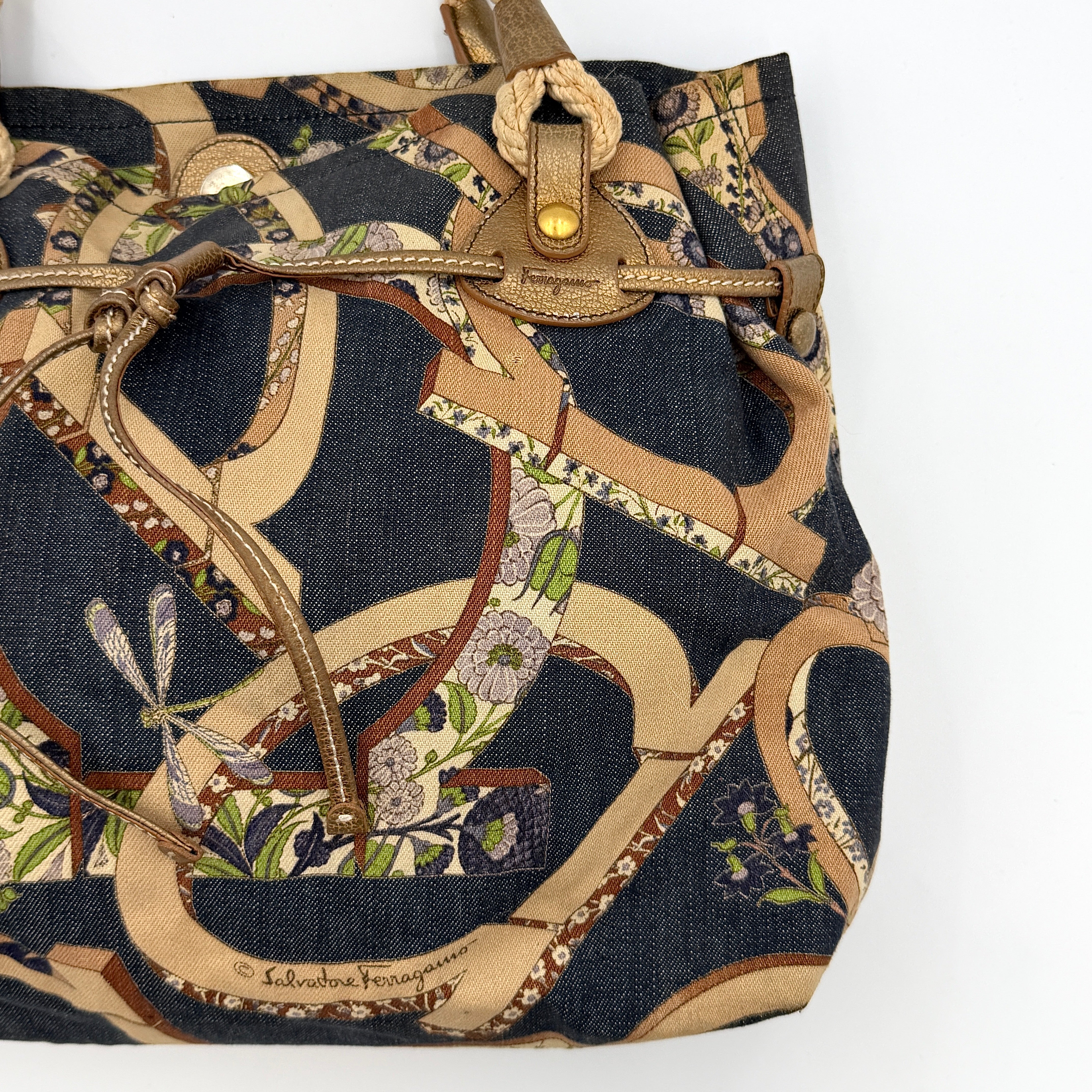 Salvatore Ferragamo Gancini Floral Denim Shoulder Bag Multi