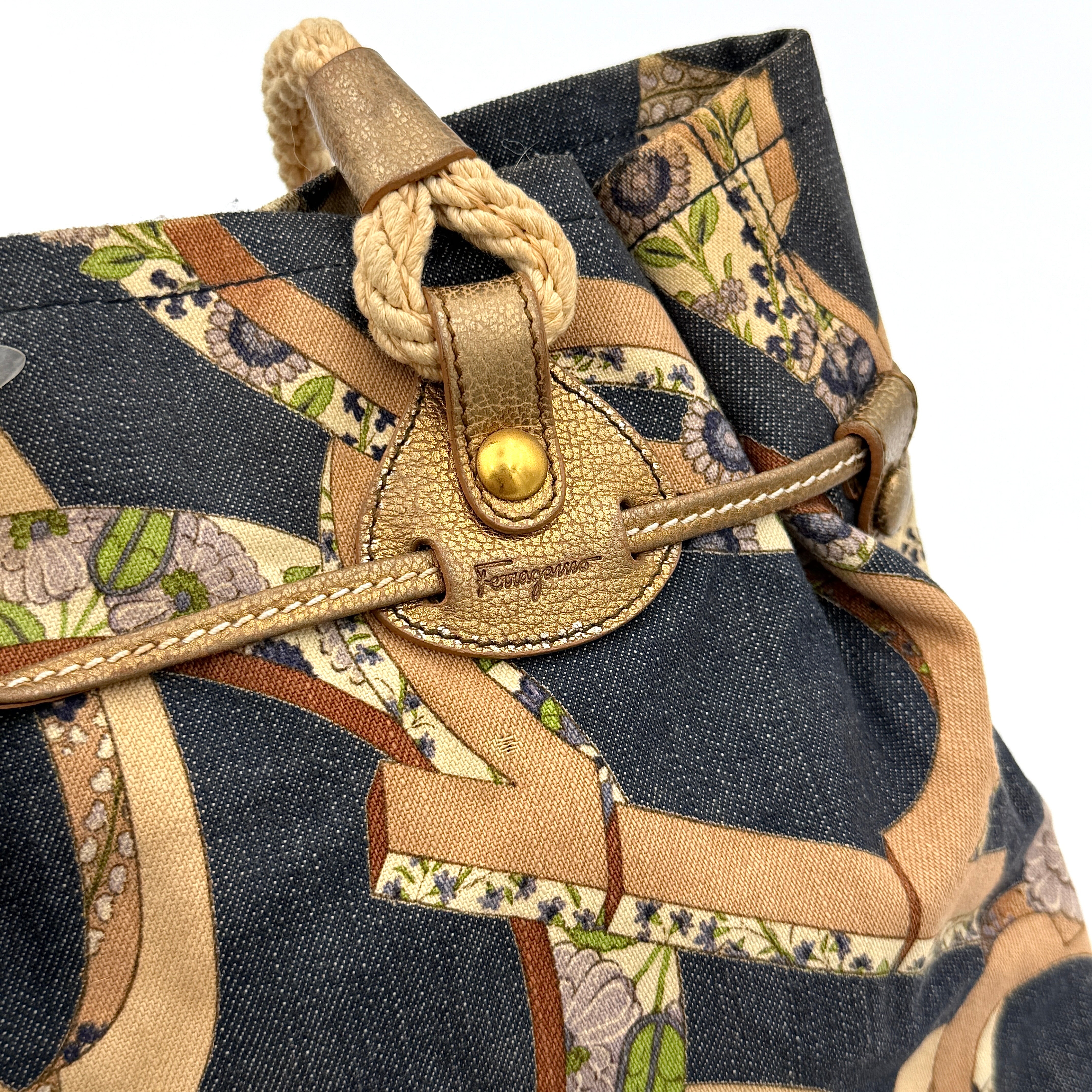 Salvatore Ferragamo Gancini Floral Denim Shoulder Bag Multi