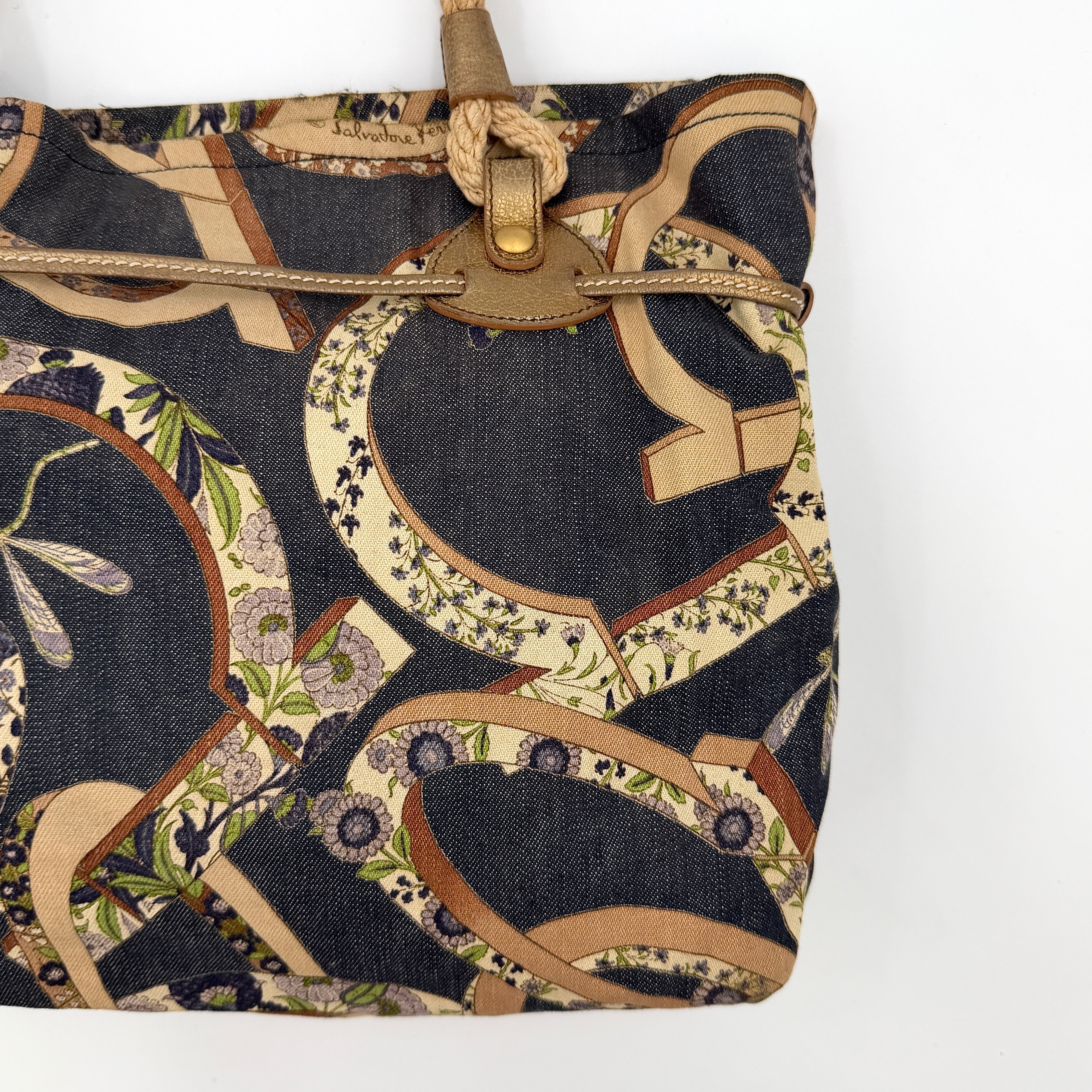 Salvatore Ferragamo Gancini Floral Denim Shoulder Bag Multi