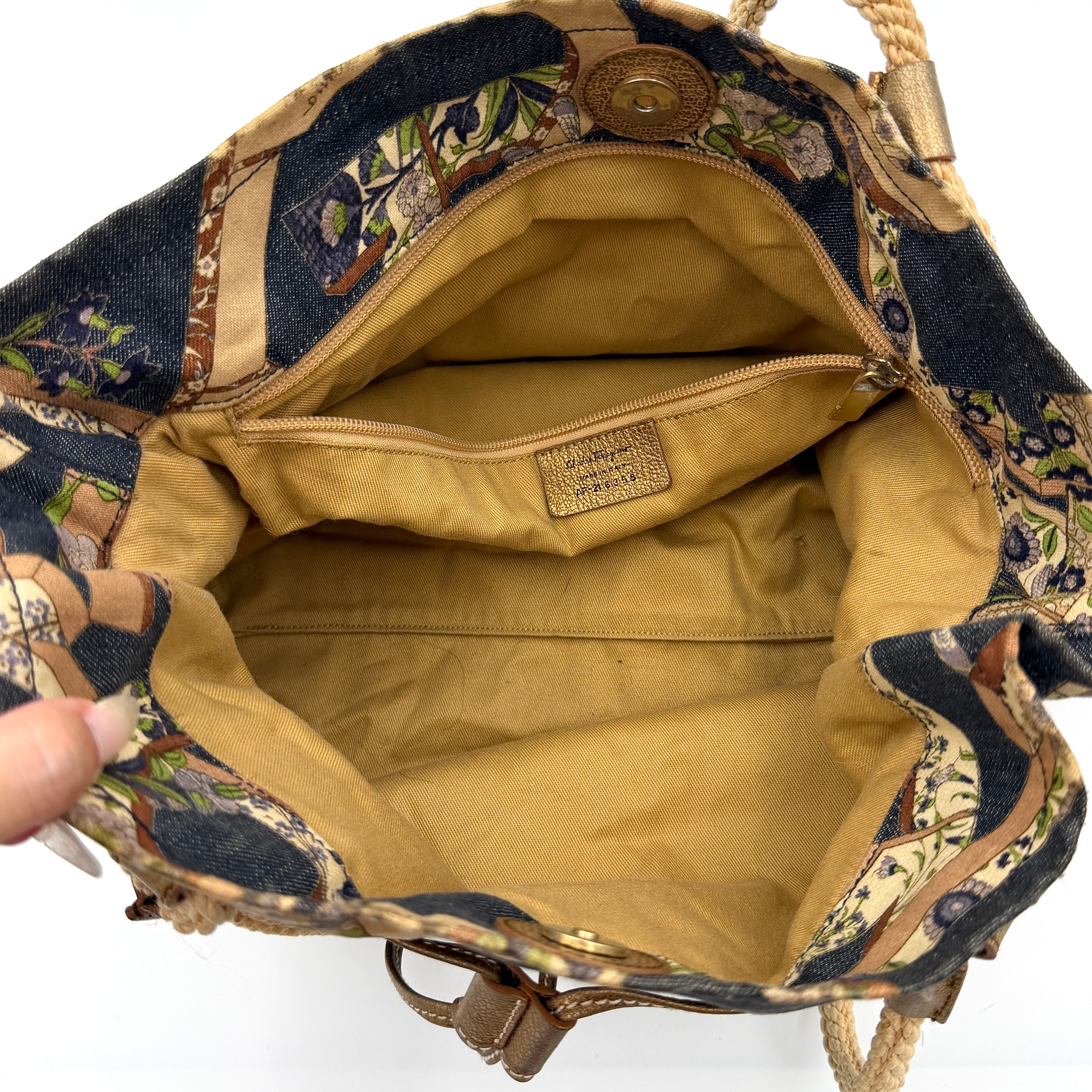 Salvatore Ferragamo Gancini Floral Denim Shoulder Bag Multi