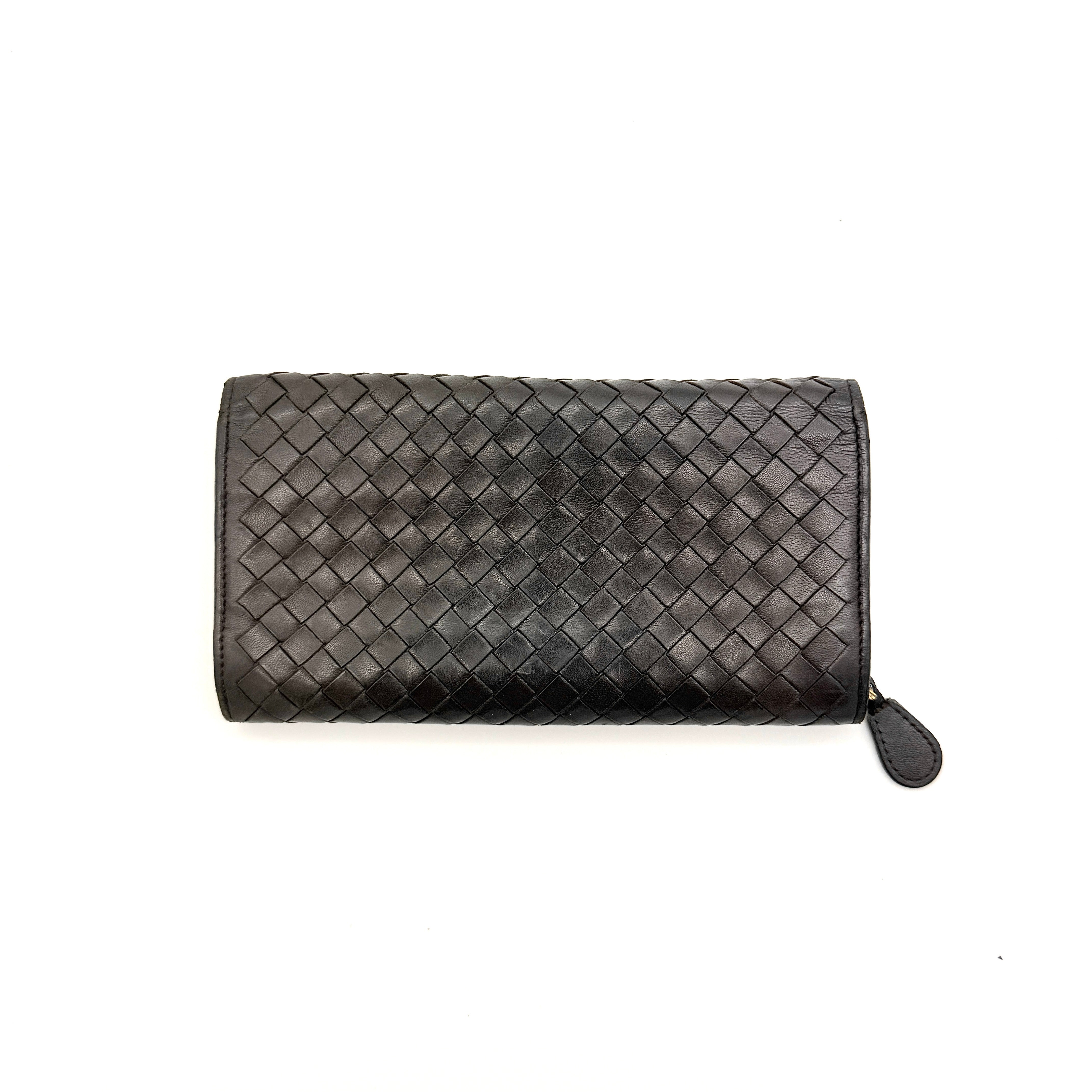 Bottega Veneta Intrecciato long wallet in dark brown leather with signature woven design