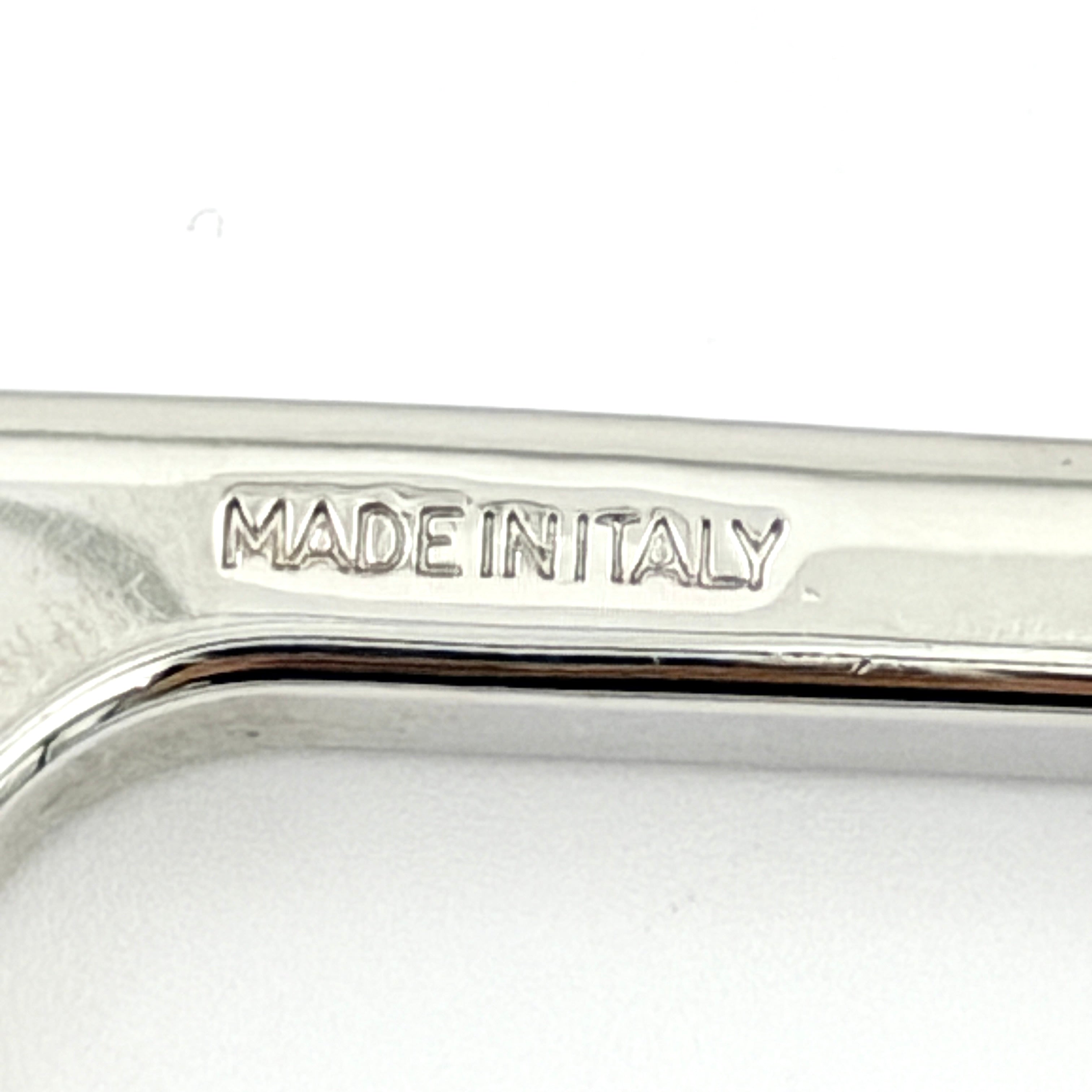 Salvatore Ferragamo square silver bangle bracelet with a crisp, minimalist silhouette and engraved logo.
