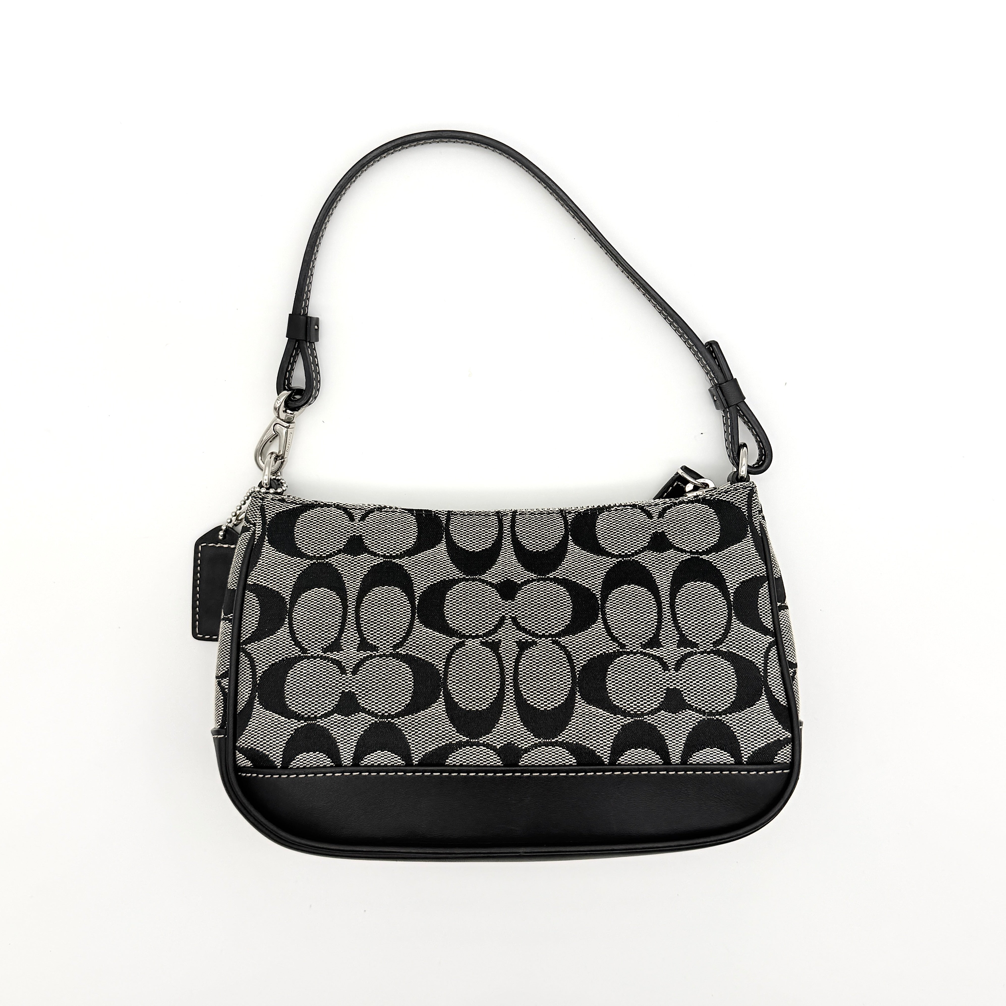 Coach Y2K Demi Shoulder Bag in grey and black jacquard with black leather trim and silver hardware.