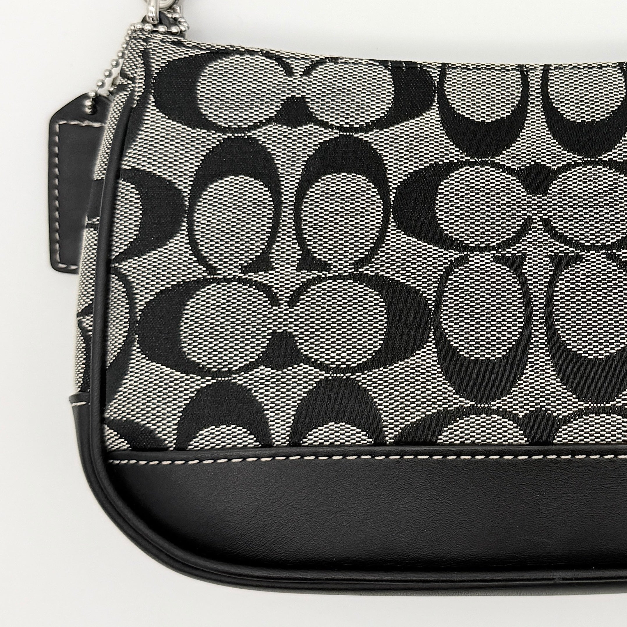 Coach Y2K Demi Shoulder Bag in grey and black jacquard with black leather trim and silver hardware.