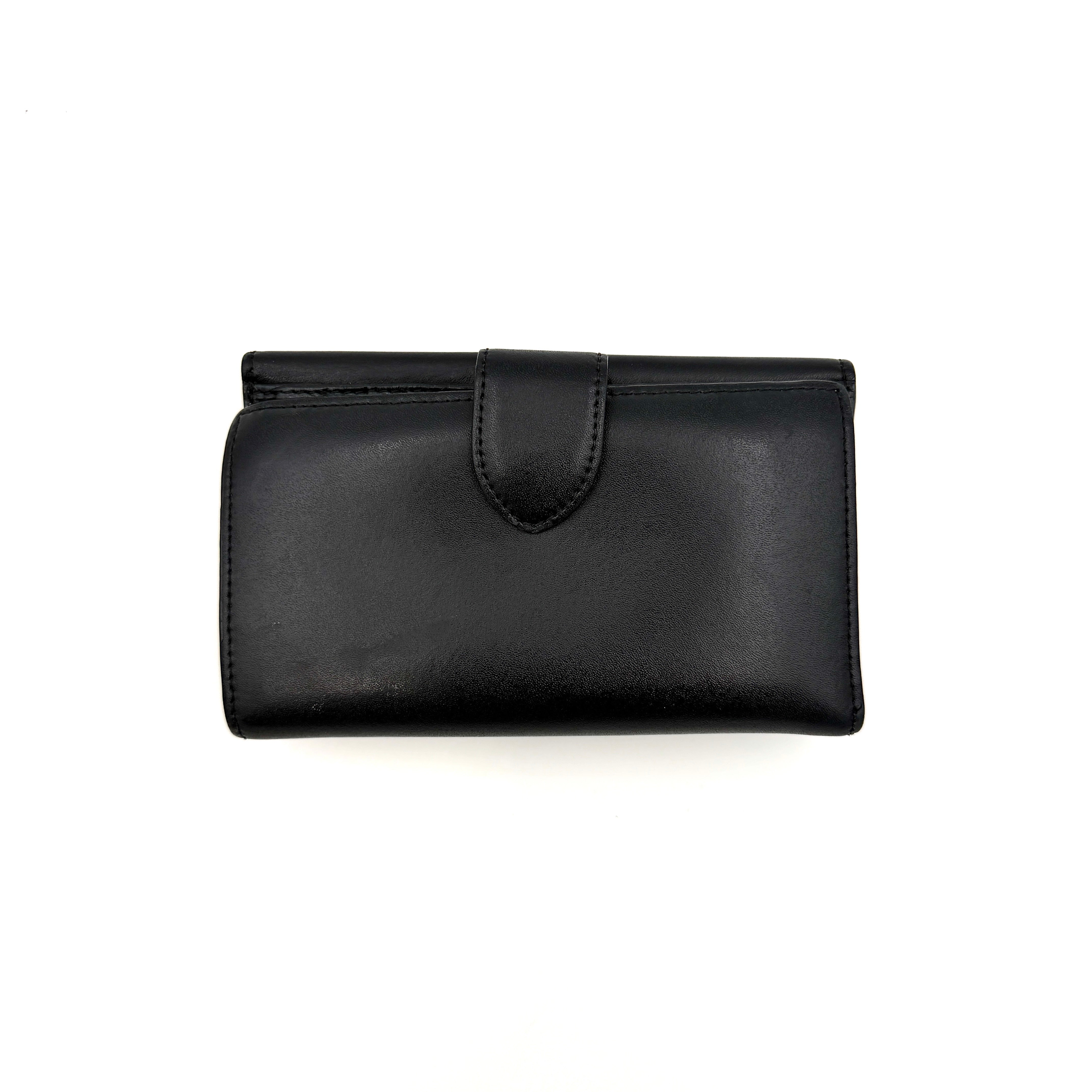 Fendi By The Way Leather Long Wallet in black with gold-tone disc and ring detail on the front flap.