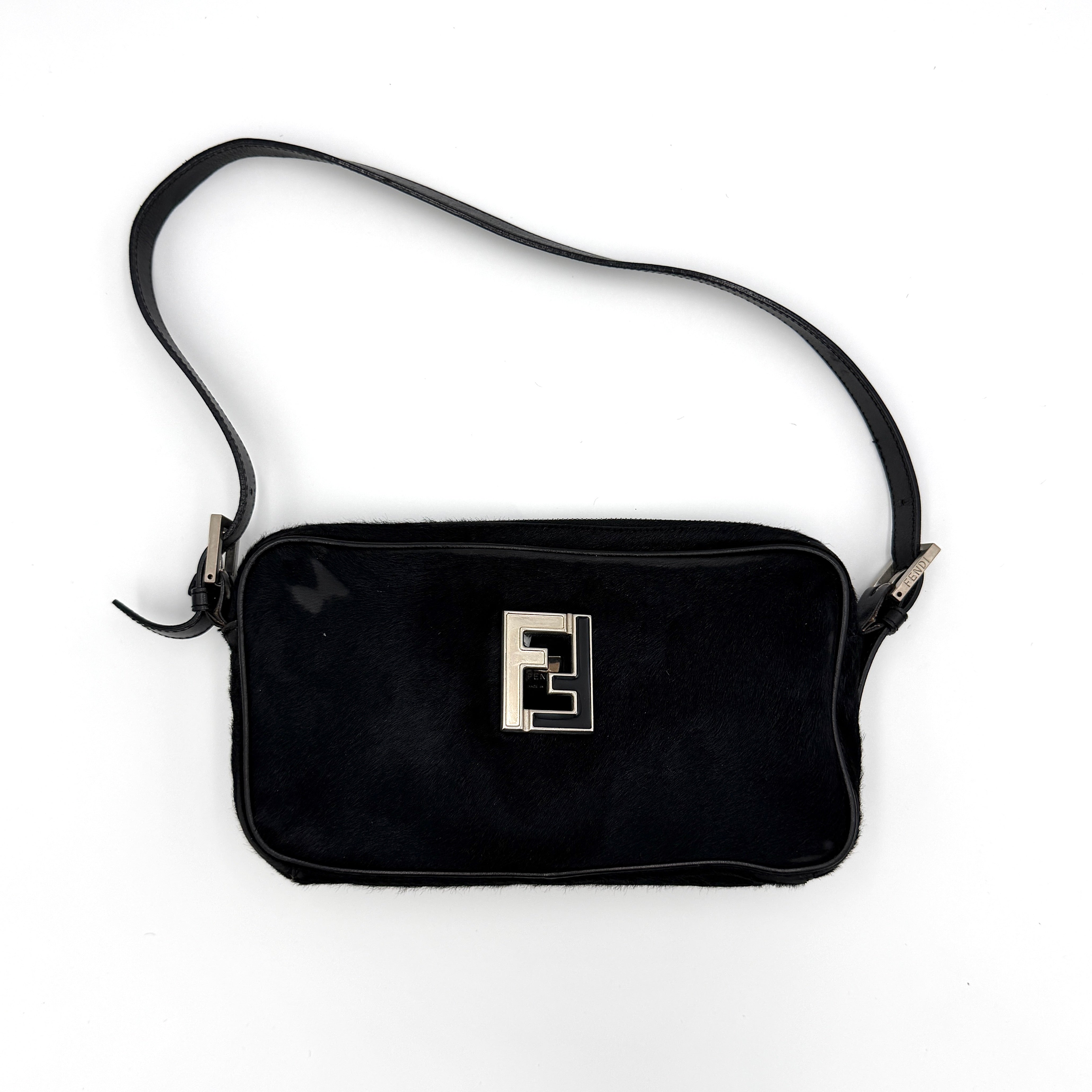 Fendi FF Logo Pony Hair Shoulder Bag Black
