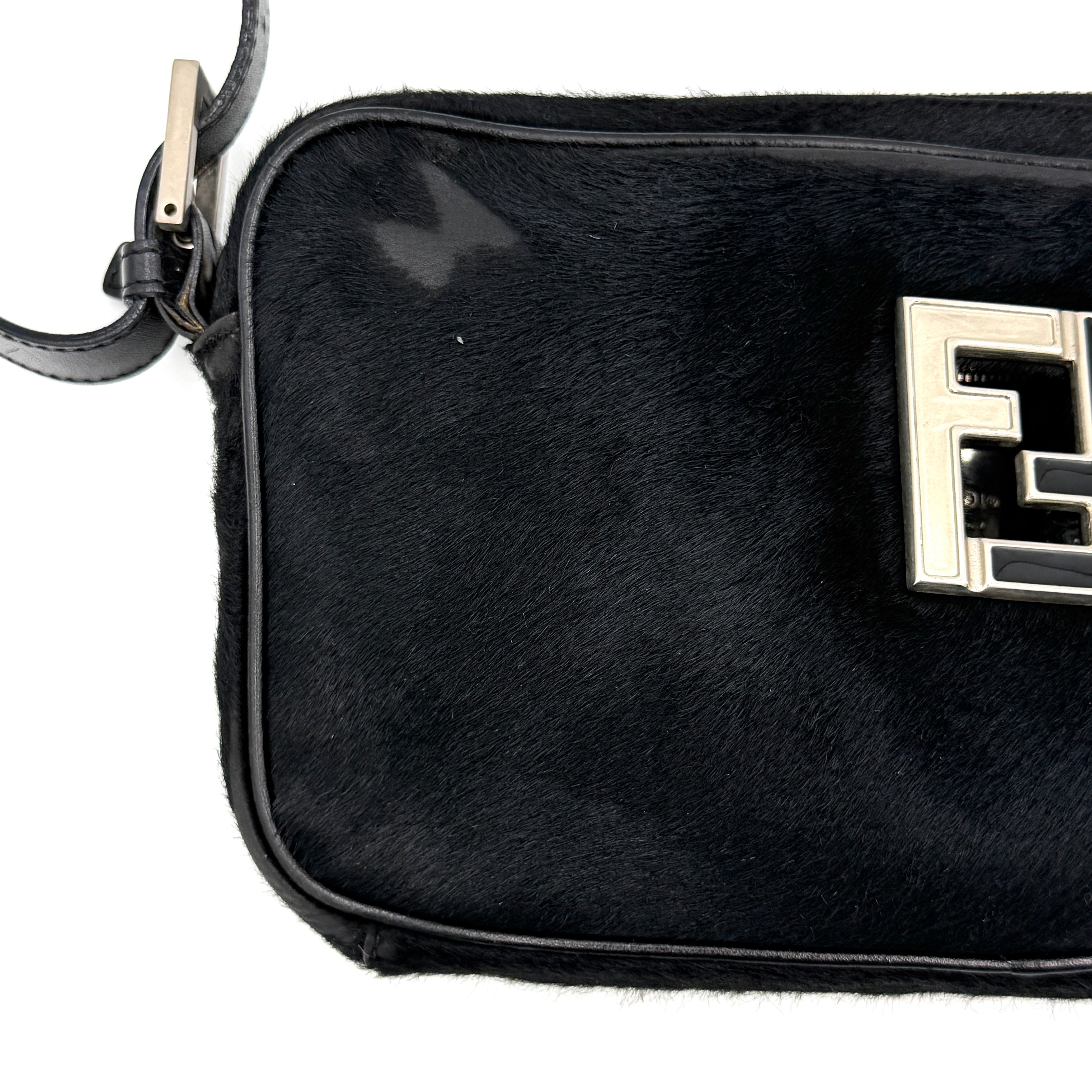Fendi FF Logo Pony Hair Shoulder Bag Black