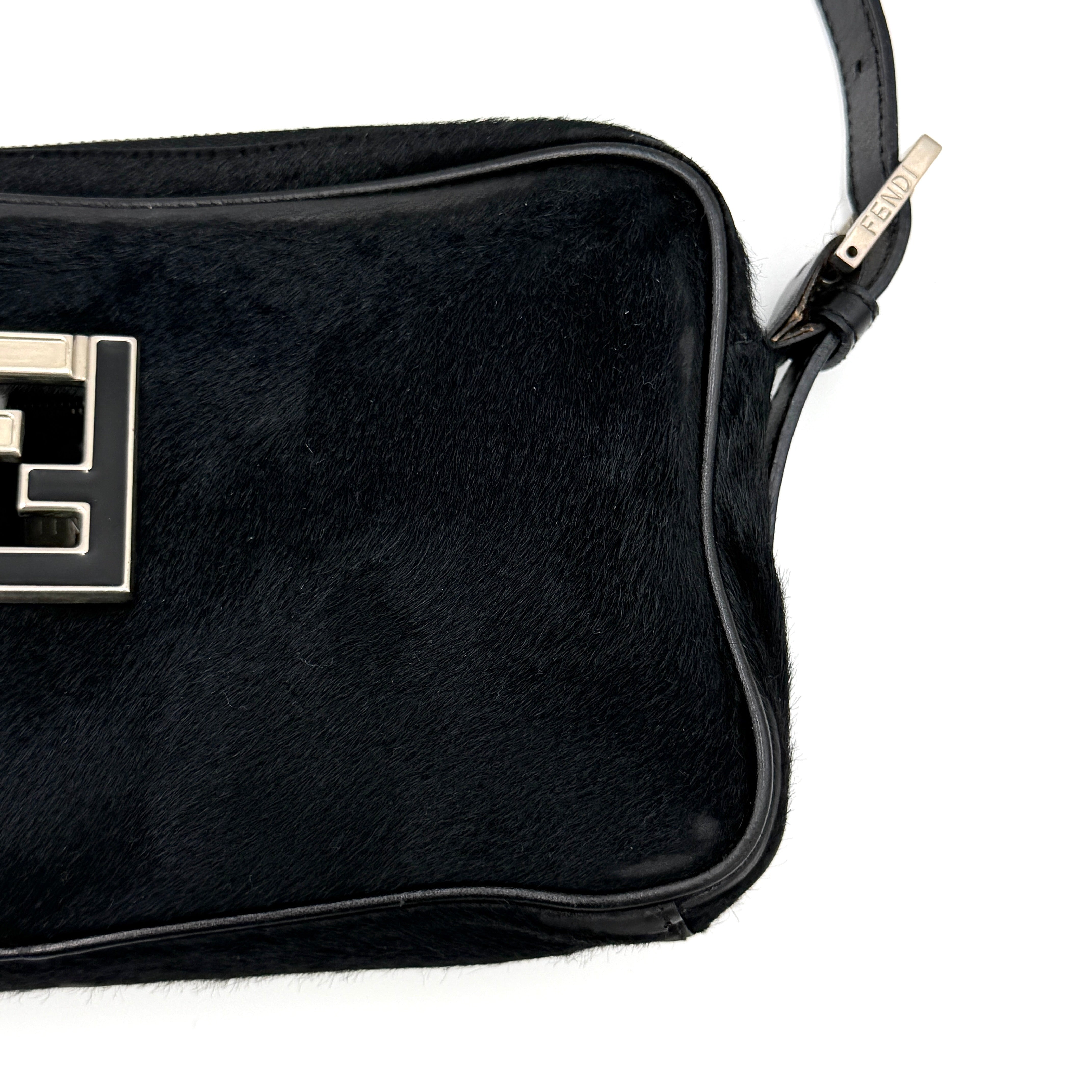 Fendi FF Logo Pony Hair Shoulder Bag Black