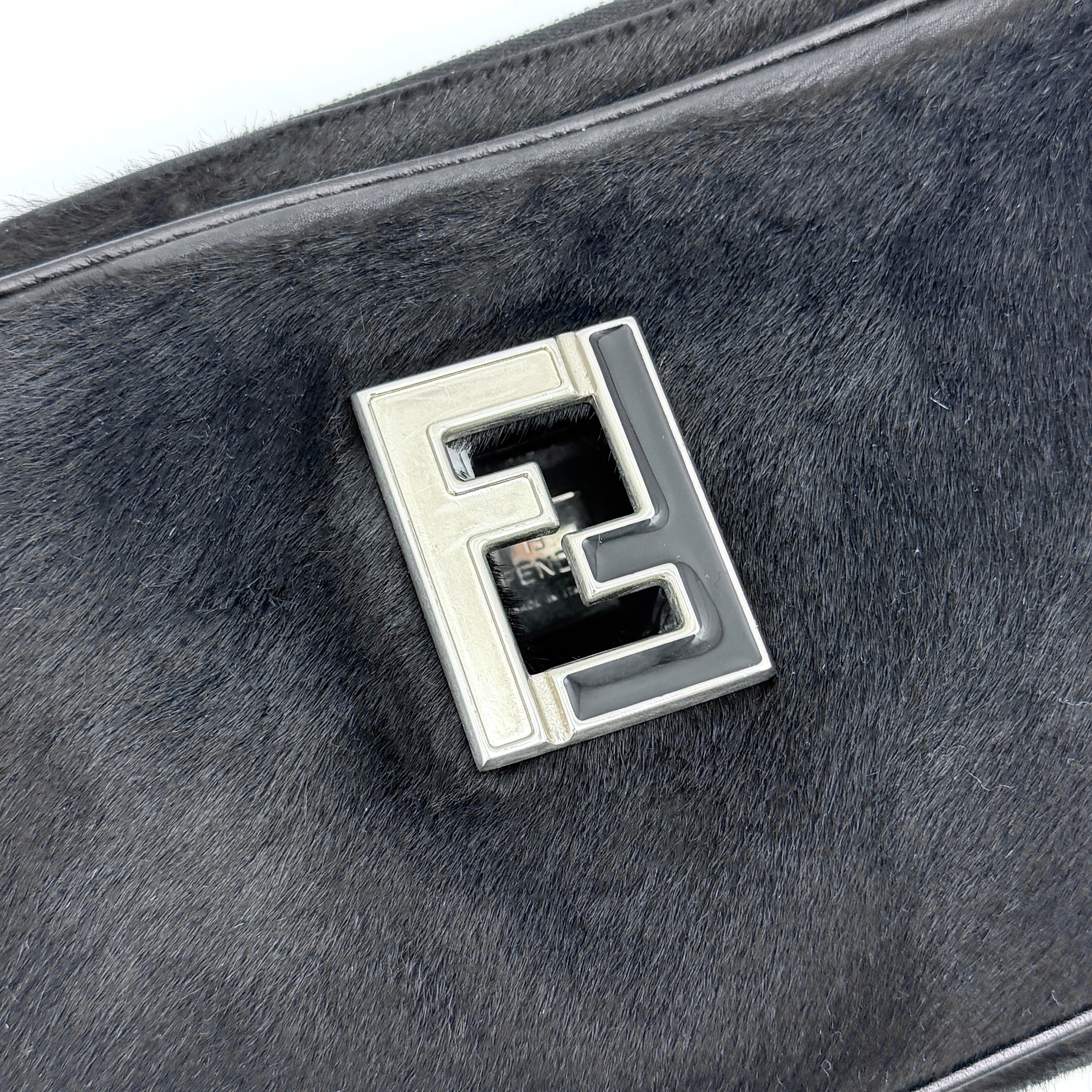 Fendi FF Logo Pony Hair Shoulder Bag Black