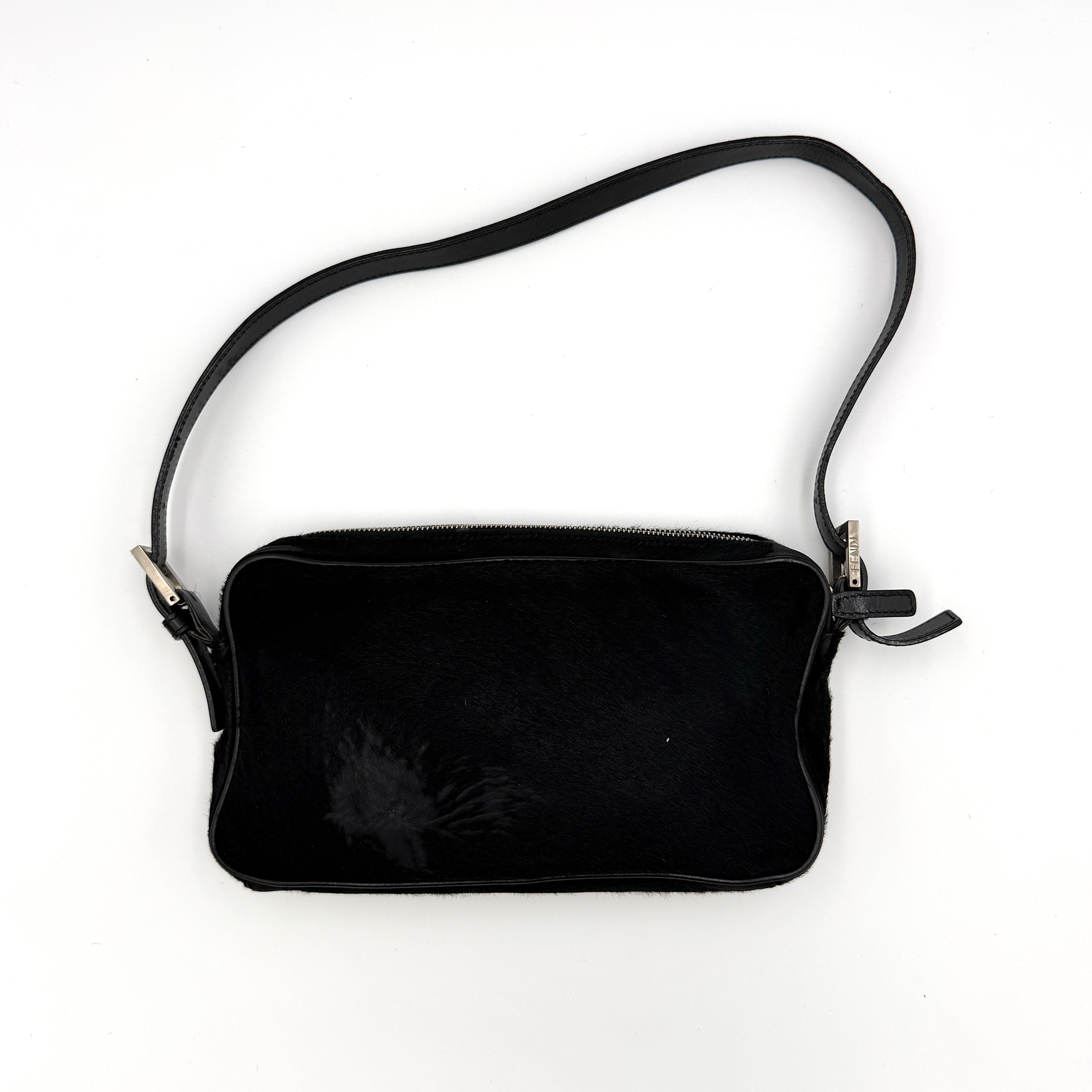 Fendi FF Logo Pony Hair Shoulder Bag Black
