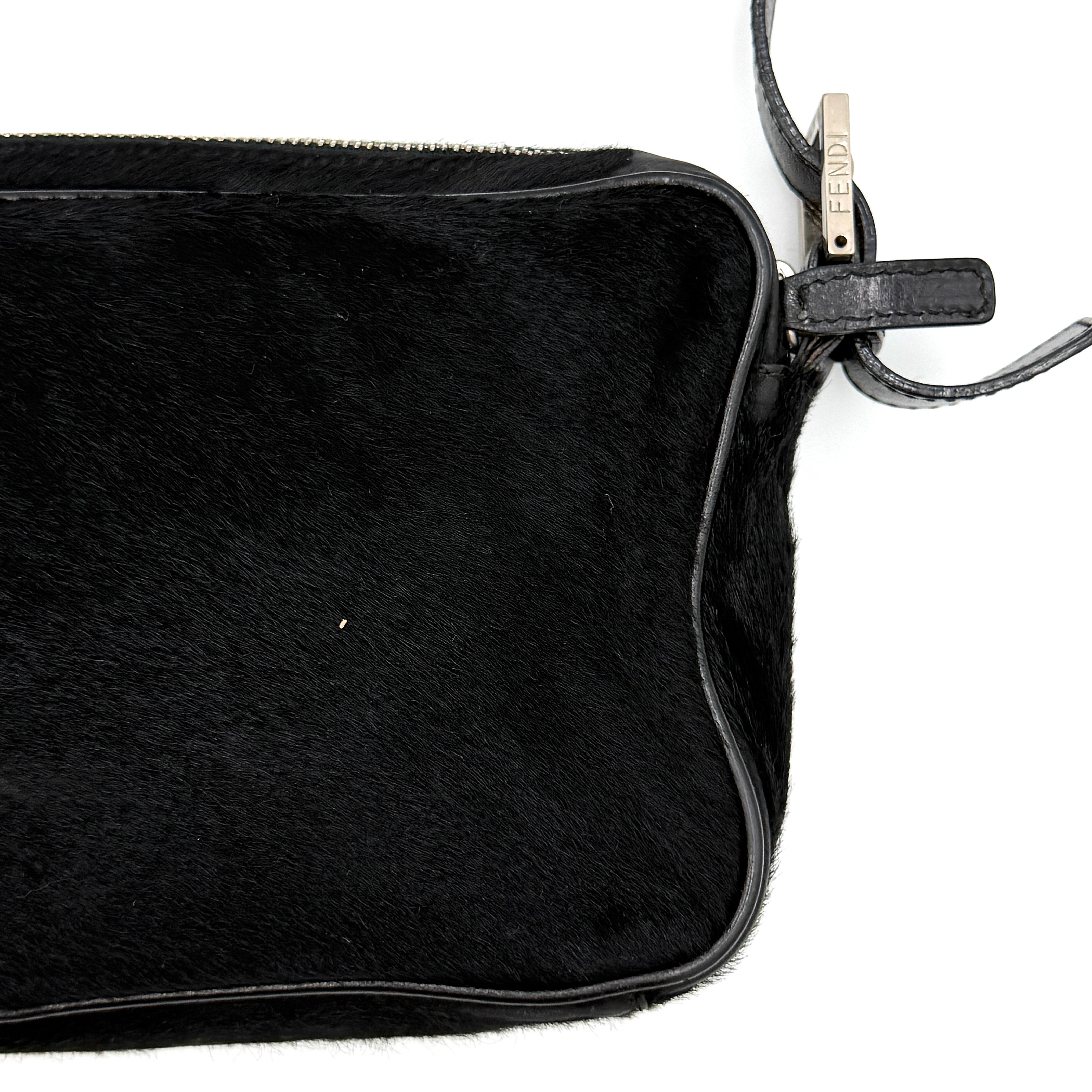 Fendi FF Logo Pony Hair Shoulder Bag Black