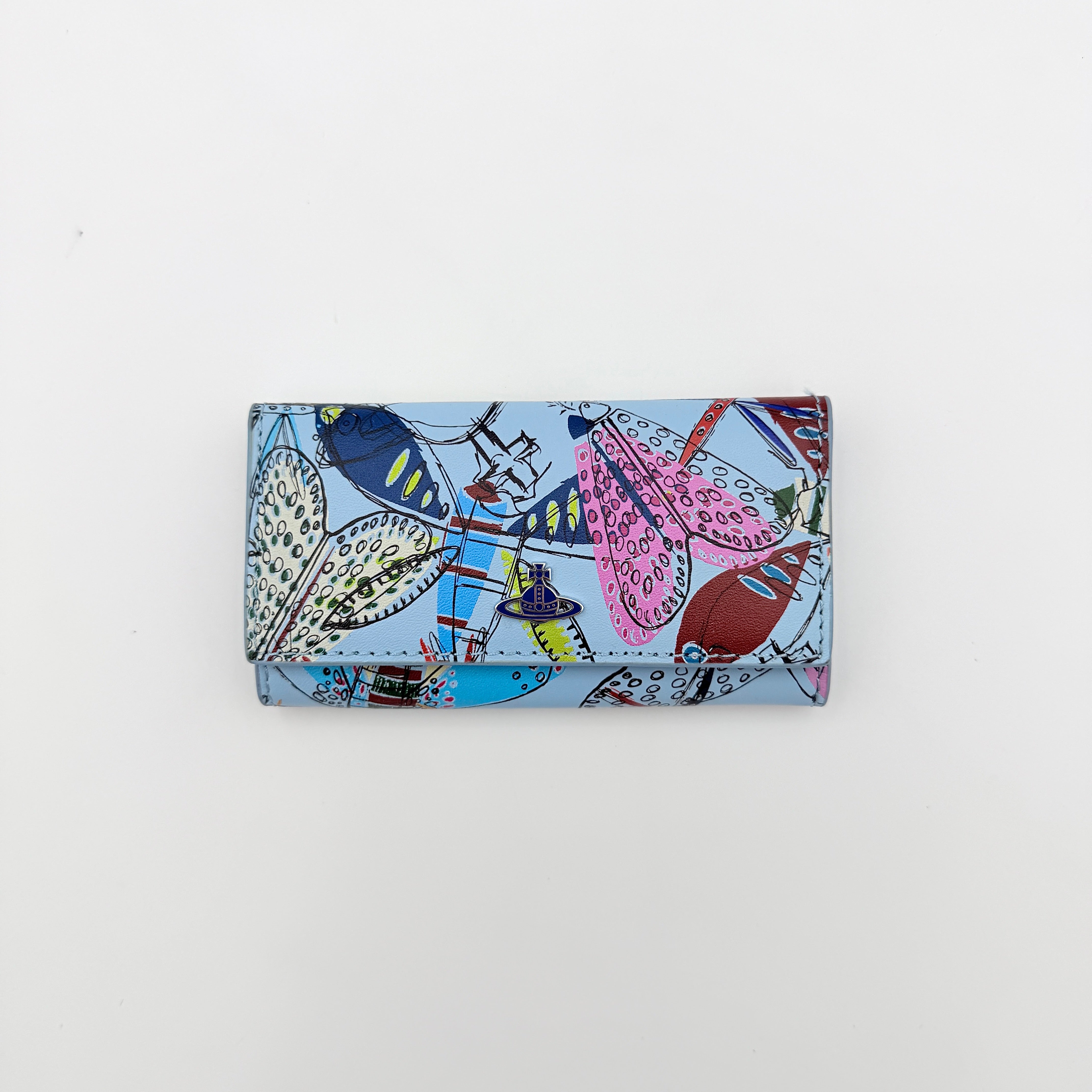 Vivienne Westwood Messy Bugs Key Holder in baby blue leather with a colourful insect motif and silver orb hardware.