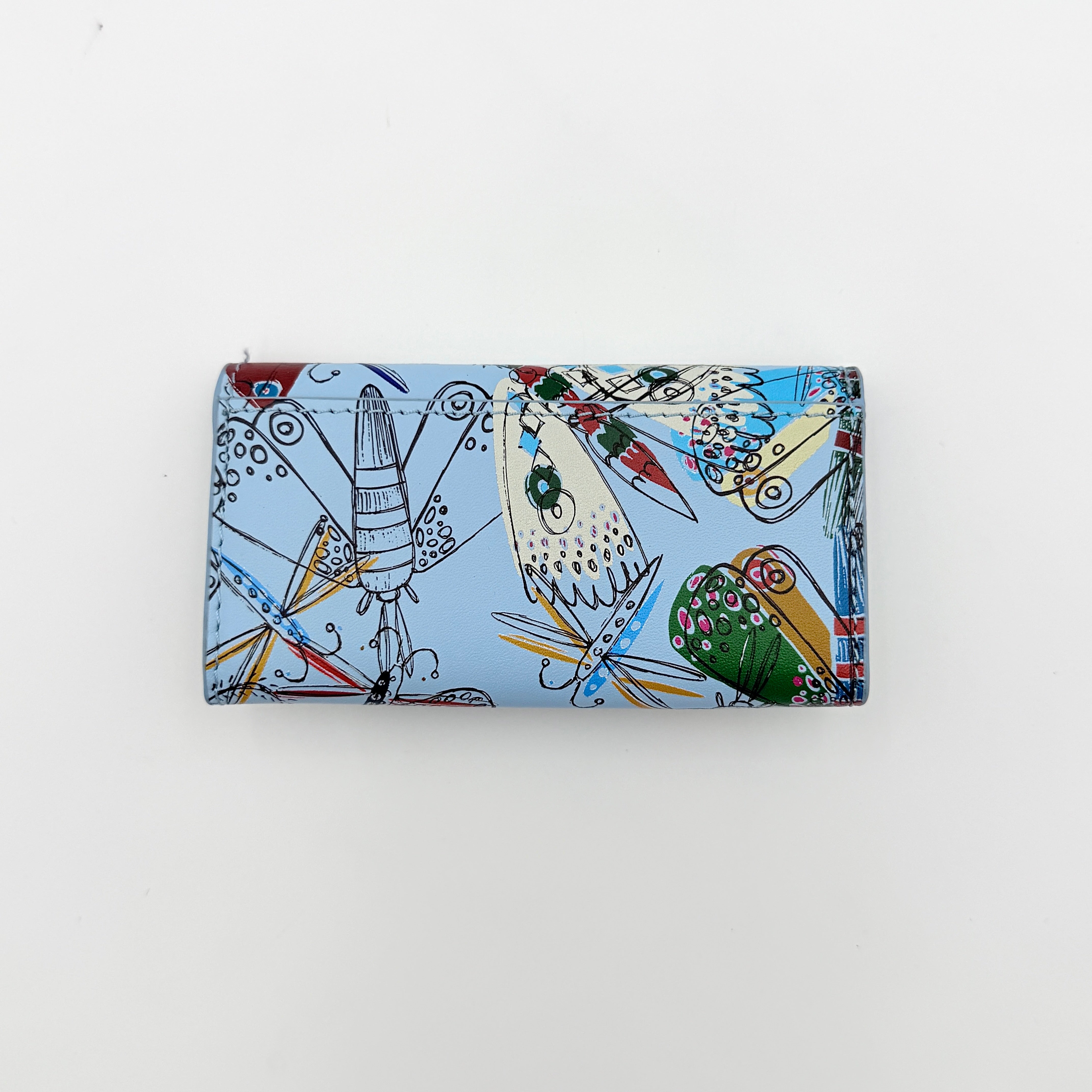 Vivienne Westwood Messy Bugs Key Holder in baby blue leather with a colourful insect motif and silver orb hardware.