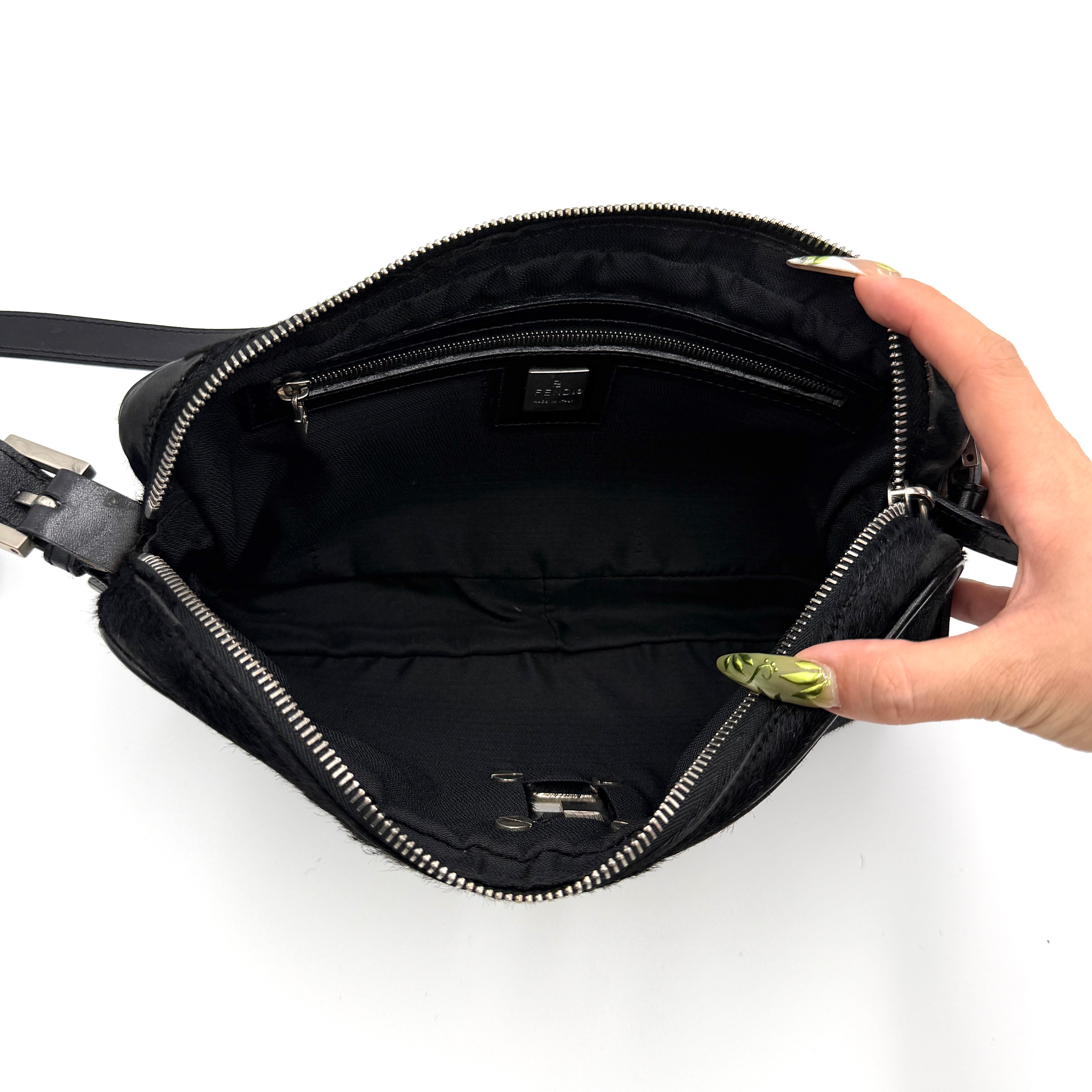 Fendi FF Logo Pony Hair Shoulder Bag Black