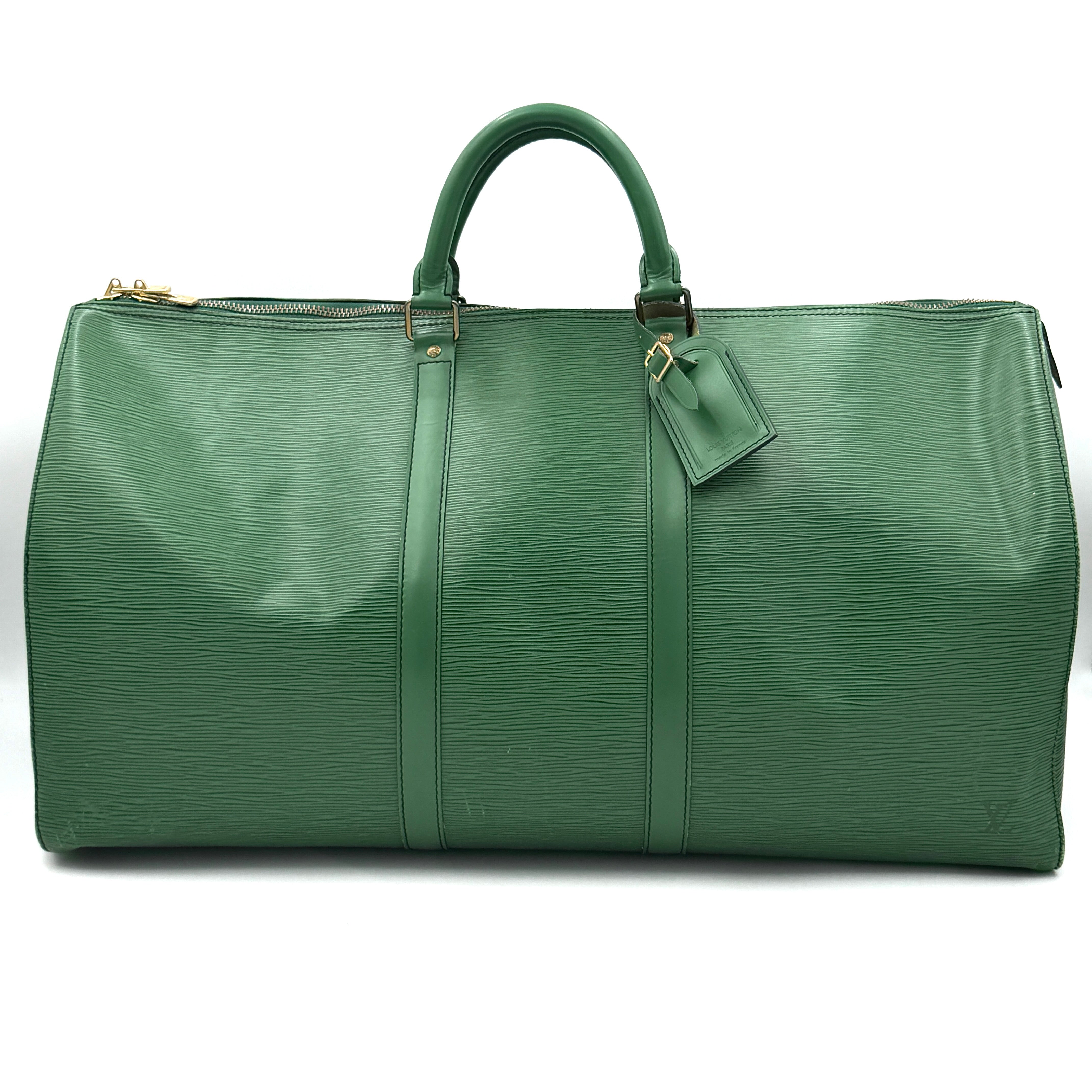 Louis Vuitton Epi Keepall 60 Duffle Bag in textured green leather with double handles and gold-tone hardware.