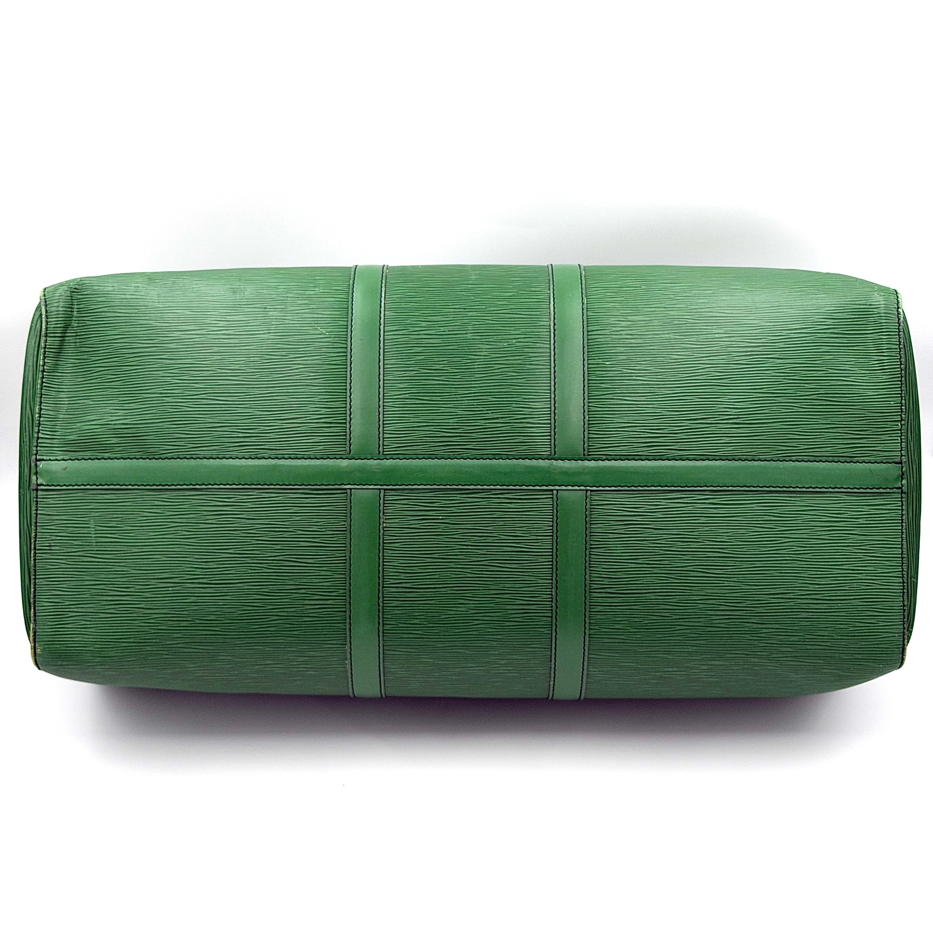 Louis Vuitton Epi Keepall 60 Duffle Bag in textured green leather with double handles and gold-tone hardware.