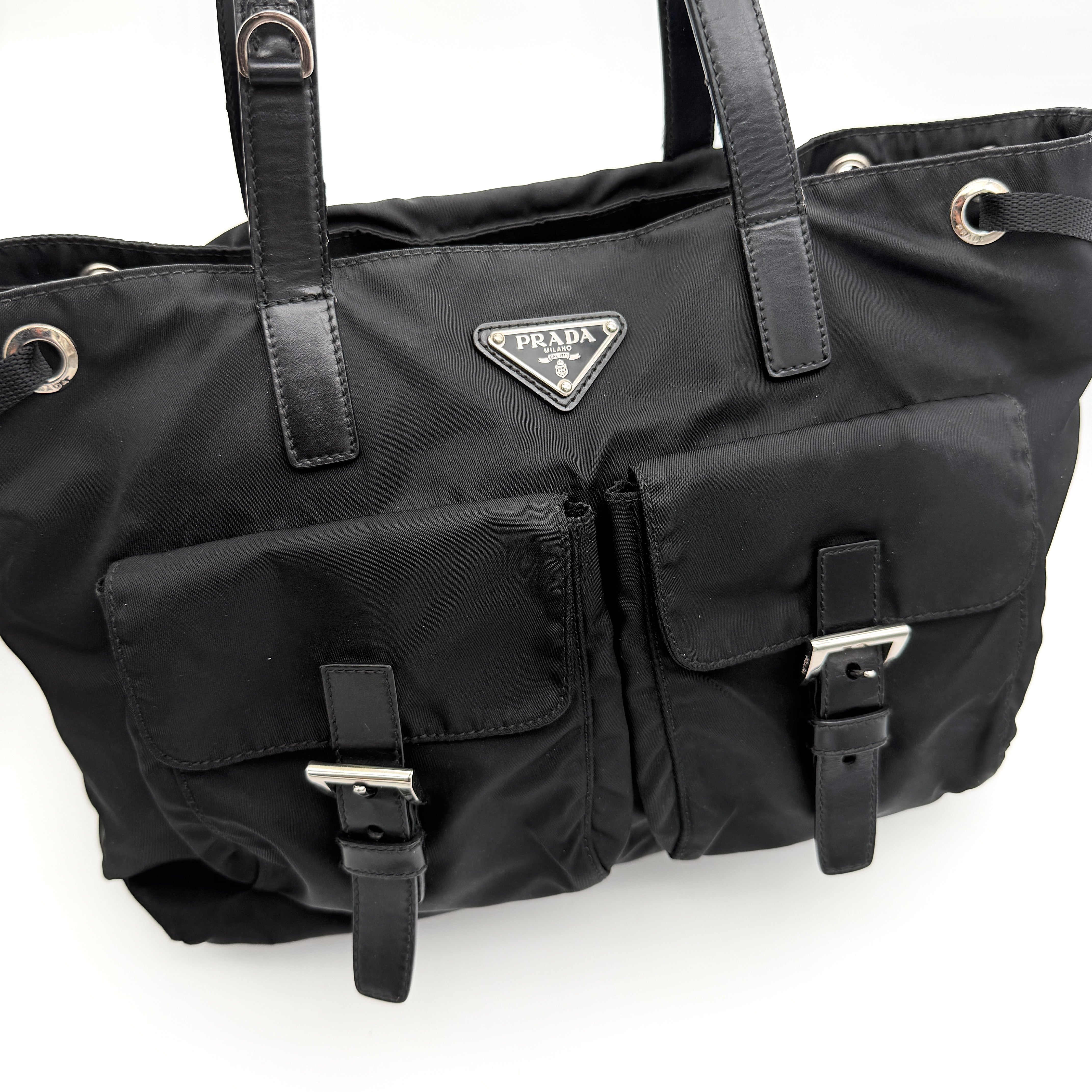 Prada Tessuto Nylon Front Buckle Tote Bag Black
