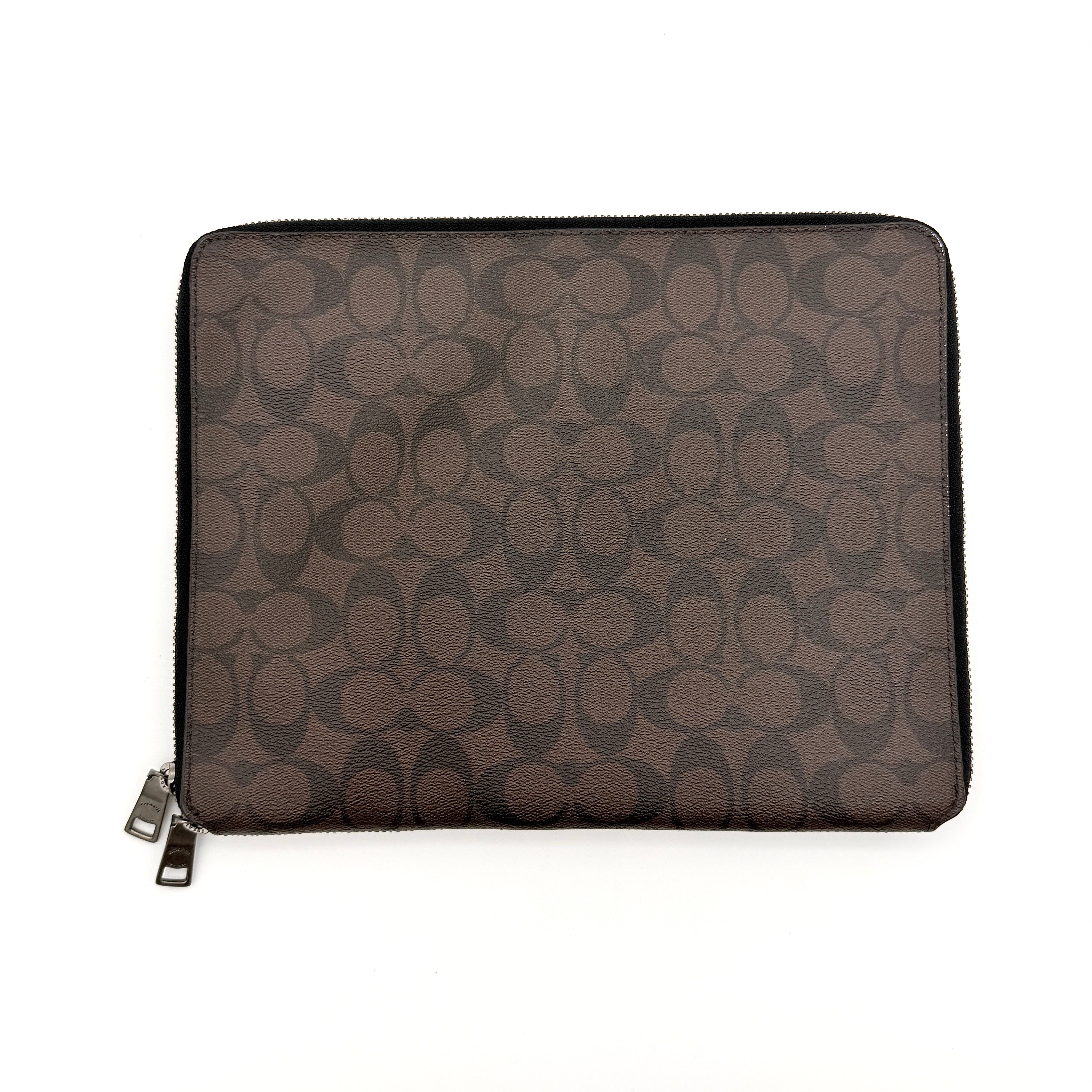 Coach Signature Zip Portfolio in brown and black coated canvas with black leather trim and silver tone double zip closure.