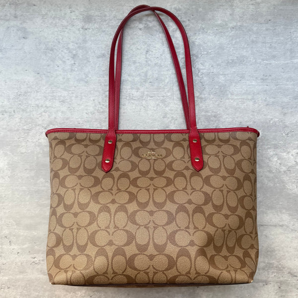 Coach Signature Canvas City Tote Bag Beige/Red