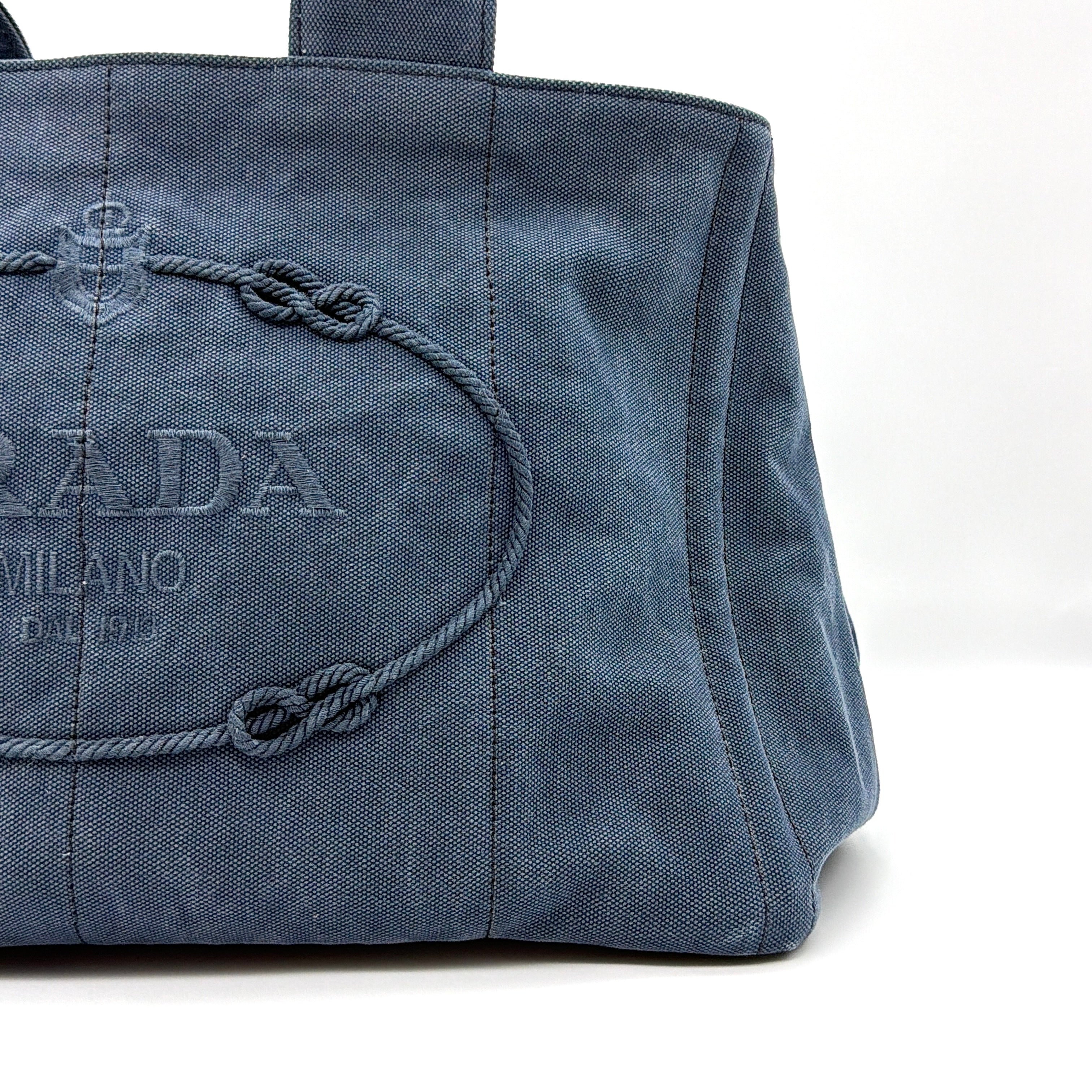 Prada Canapa Embroidered Logo Tote Bag Blue