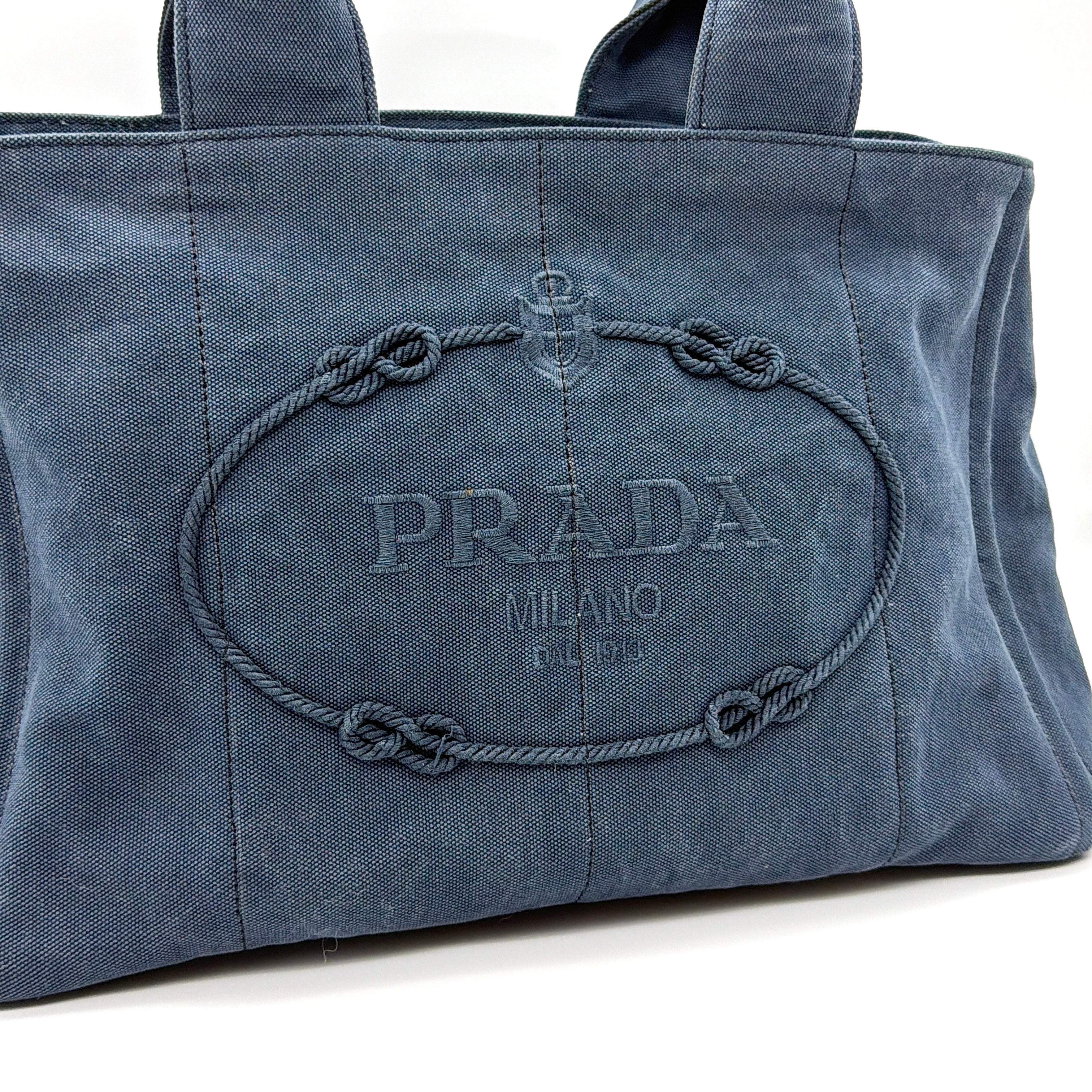 Prada Canapa Embroidered Logo Tote Bag Blue