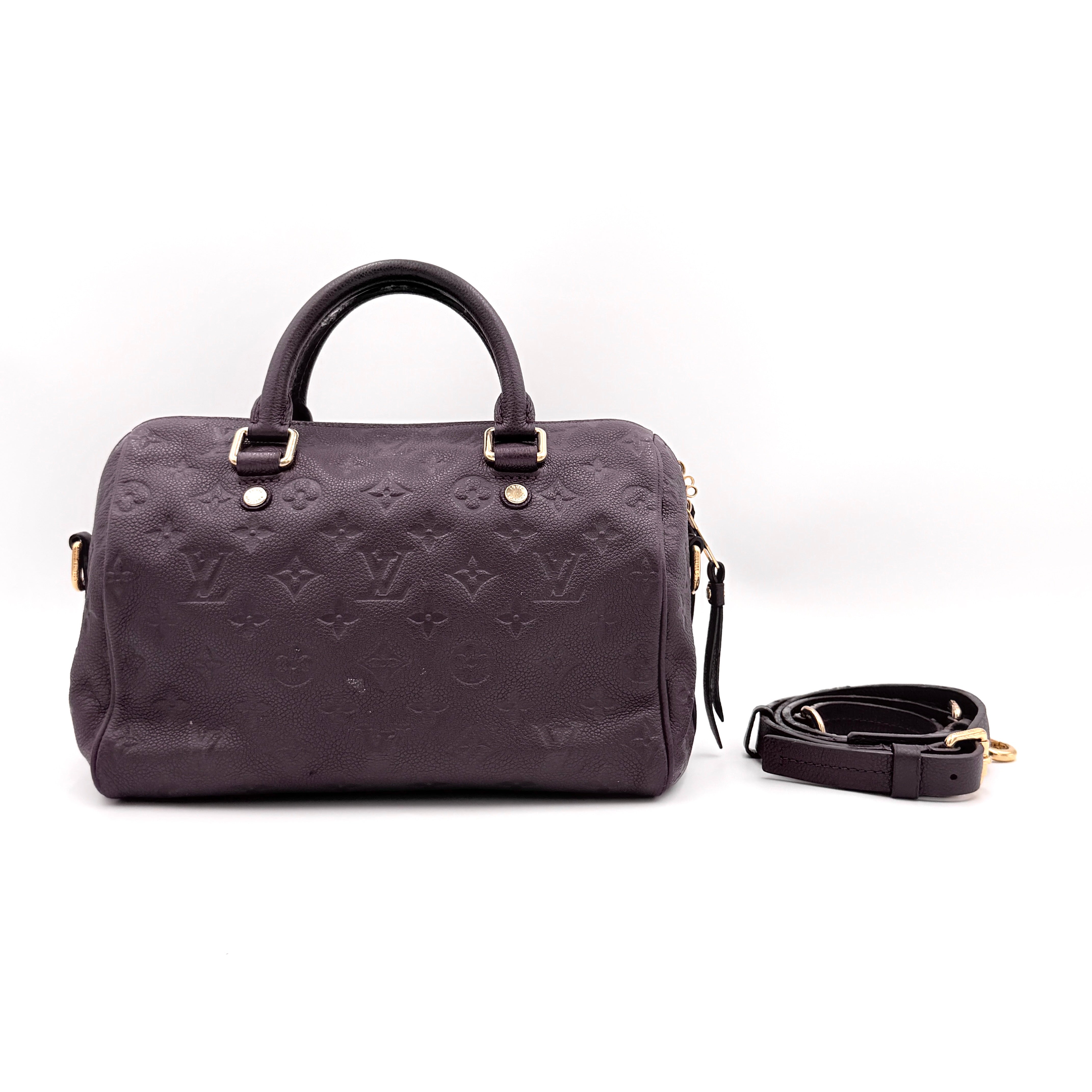 Louis Vuitton 2Way Monogram Empreinte Speedy Bandoulière 30 in deep purple grained leather with gold-tone hardware and detachable strap.