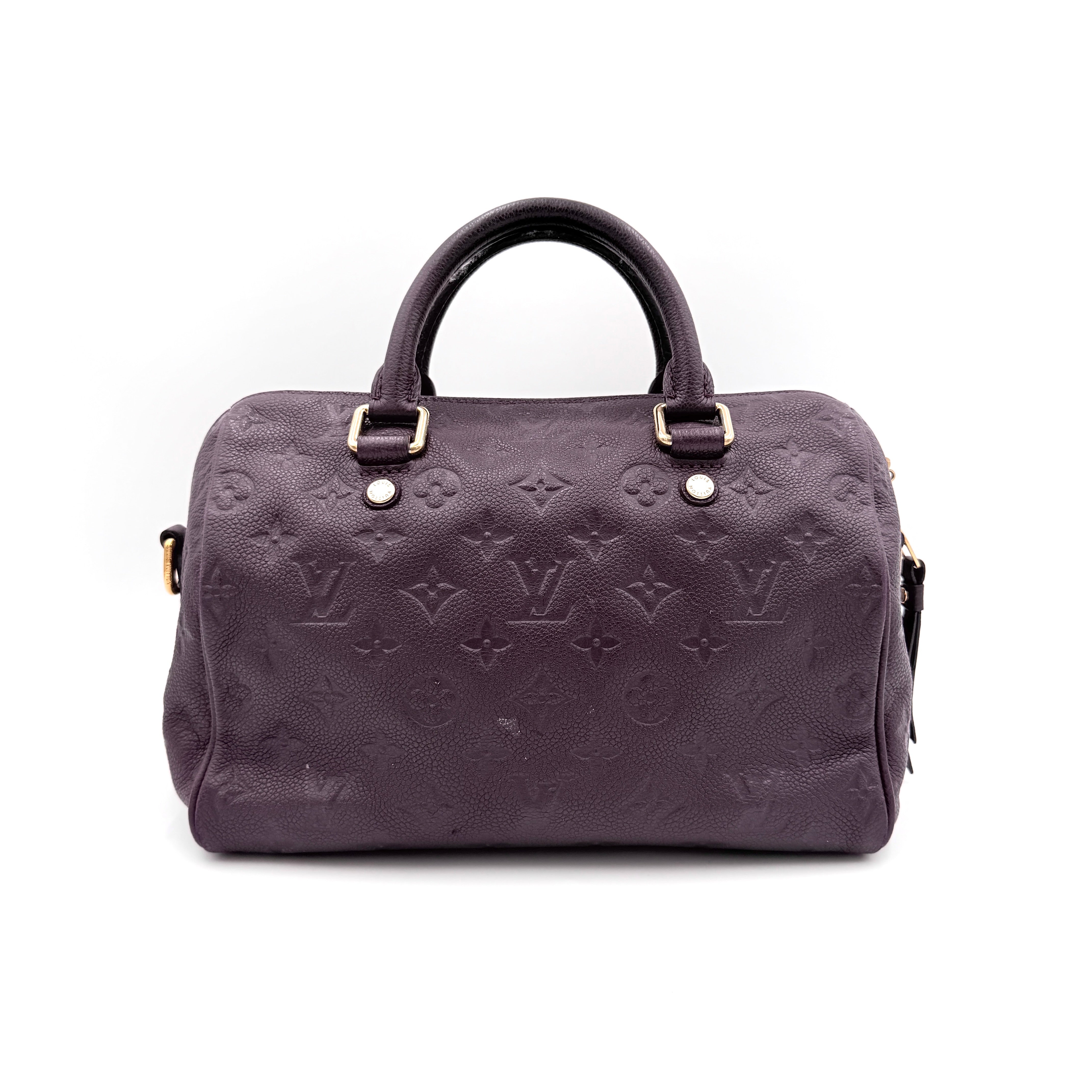 Louis Vuitton 2Way Monogram Empreinte Speedy Bandoulière 30 in deep purple grained leather with gold-tone hardware and detachable strap.