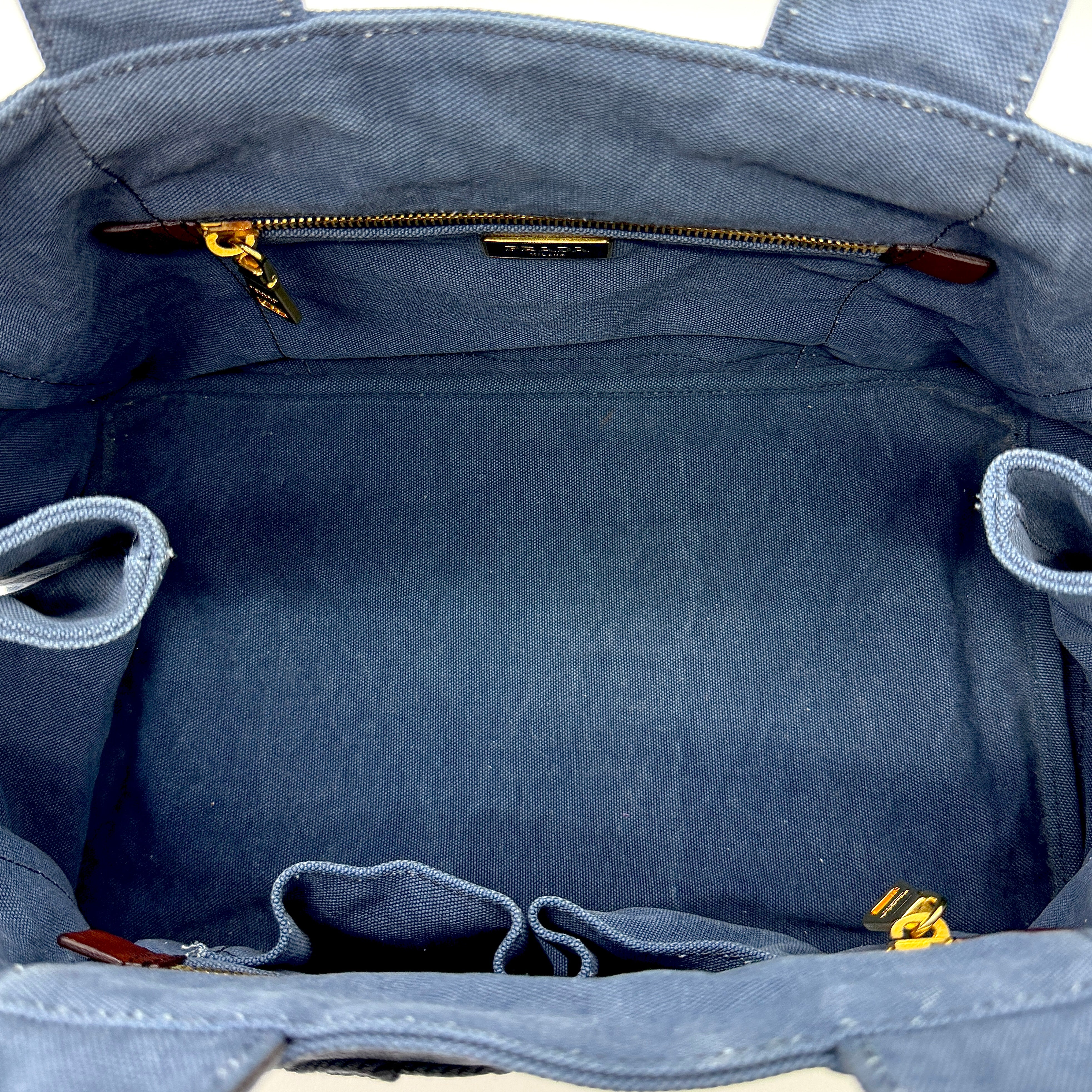 Prada Canapa Embroidered Logo Tote Bag Blue