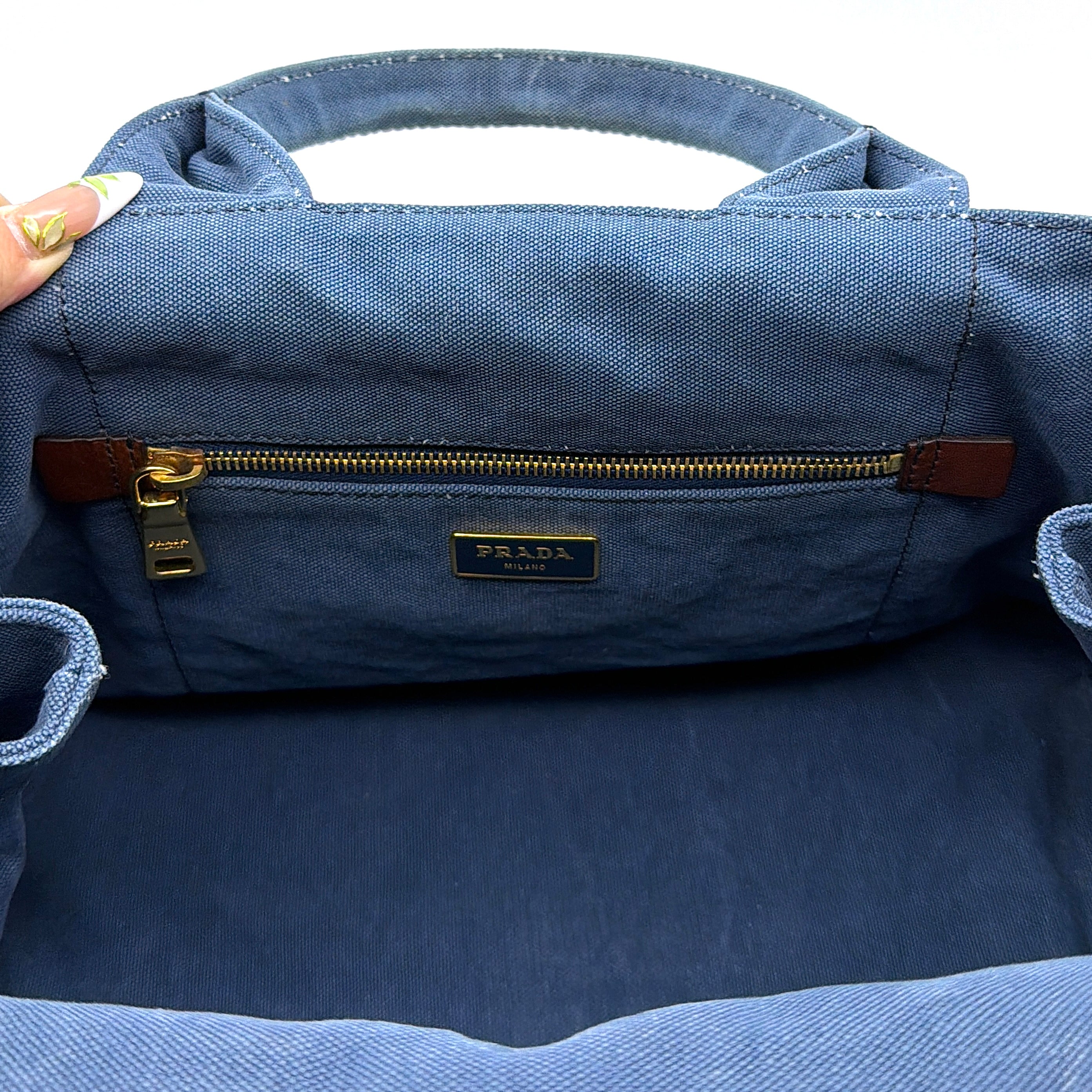 Prada Canapa Embroidered Logo Tote Bag Blue