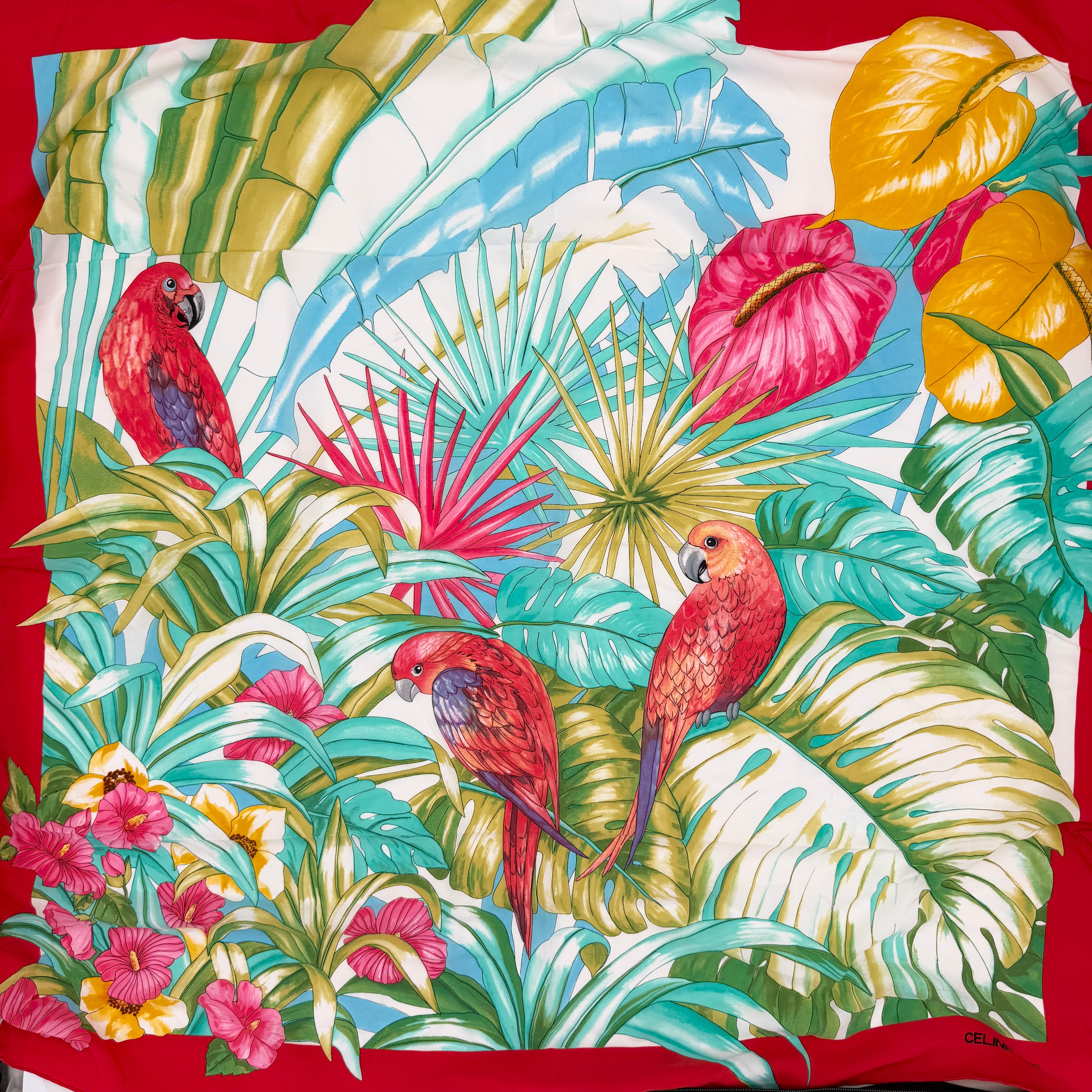 Celine Paris Tropical Parrot Silk Scarf Red