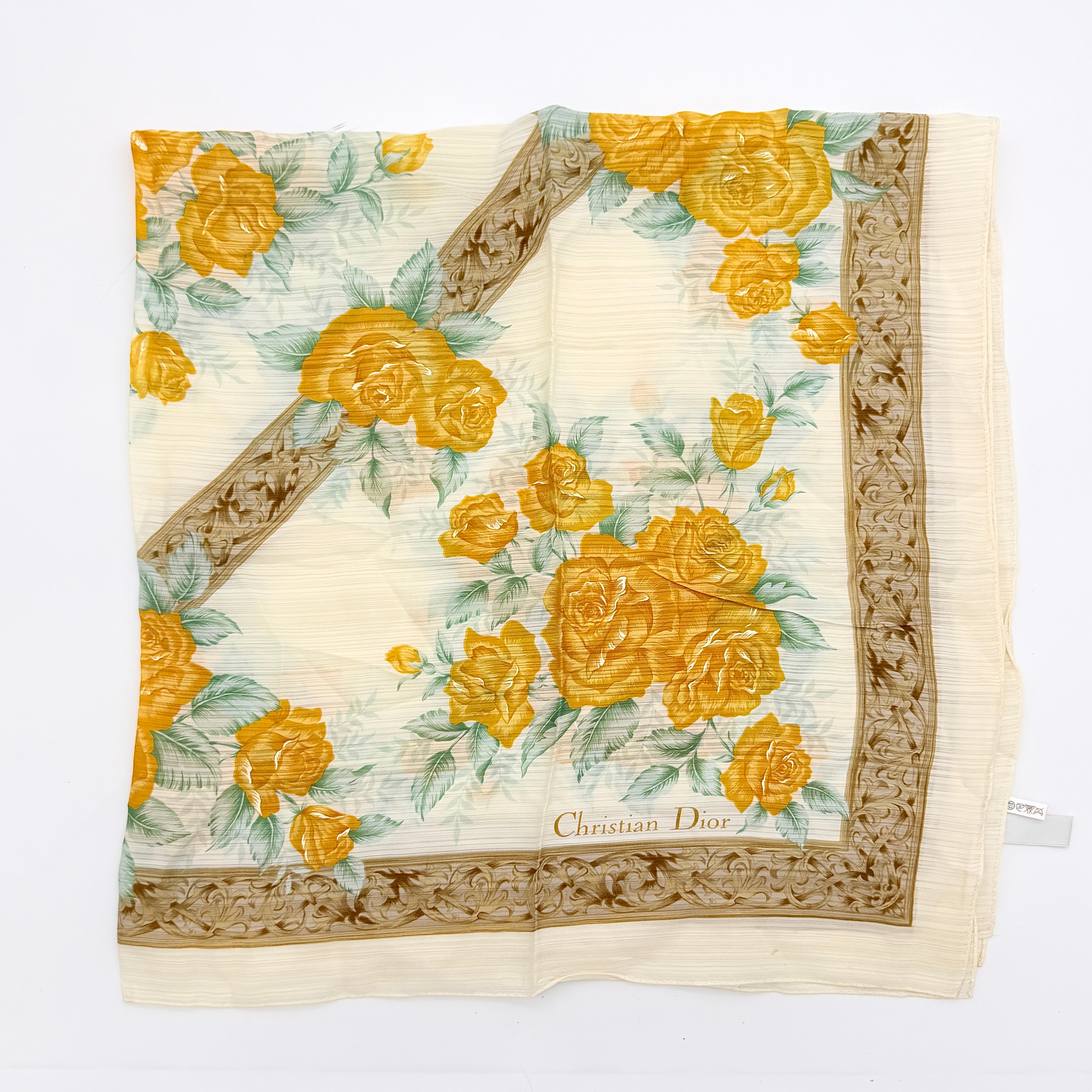Dior Rose Floral Silk Scarf Gold/Brown