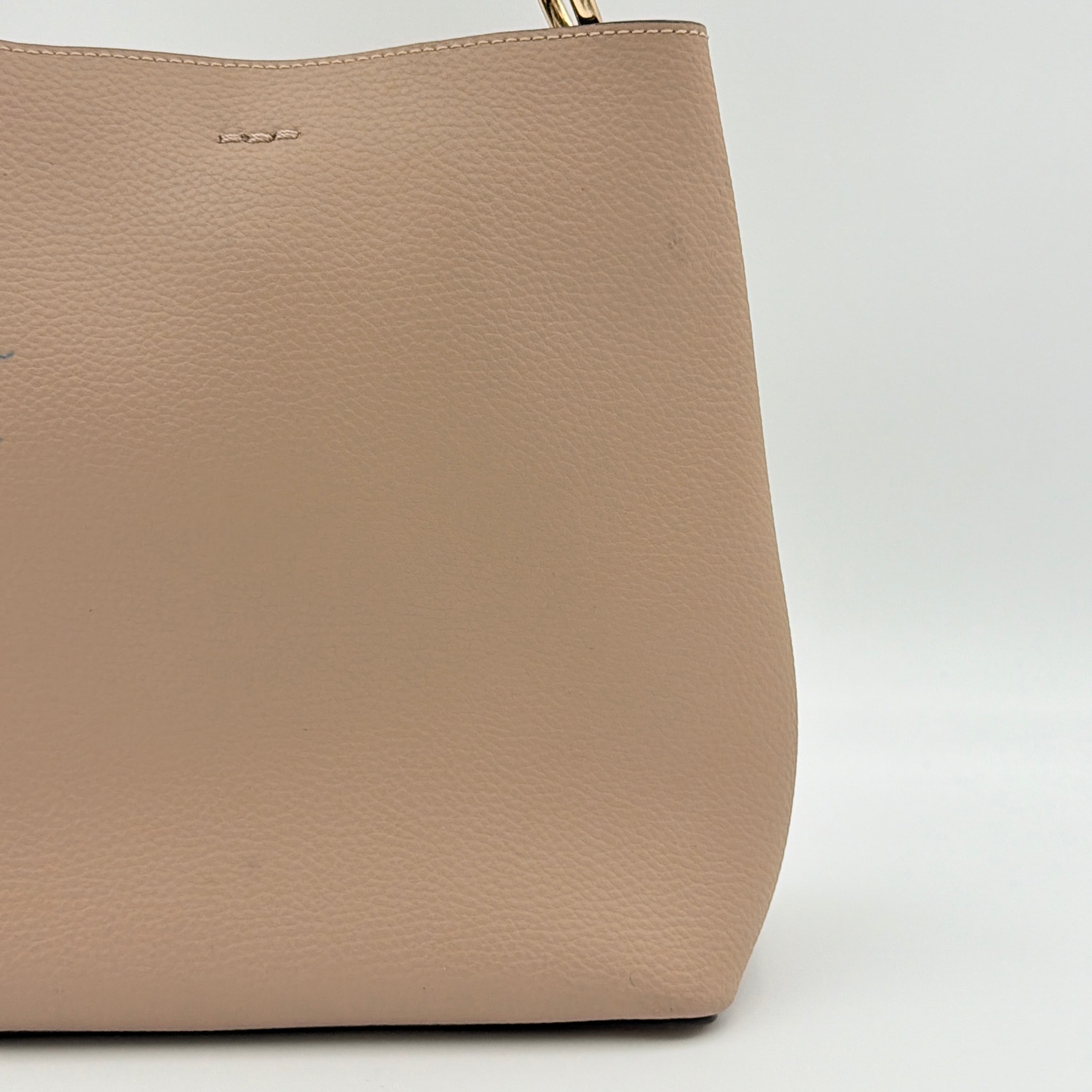 Coach Town Bucket Bag in taupe pebbled leather with gold-tone hardware and Coach hangtag, shown against a white background.