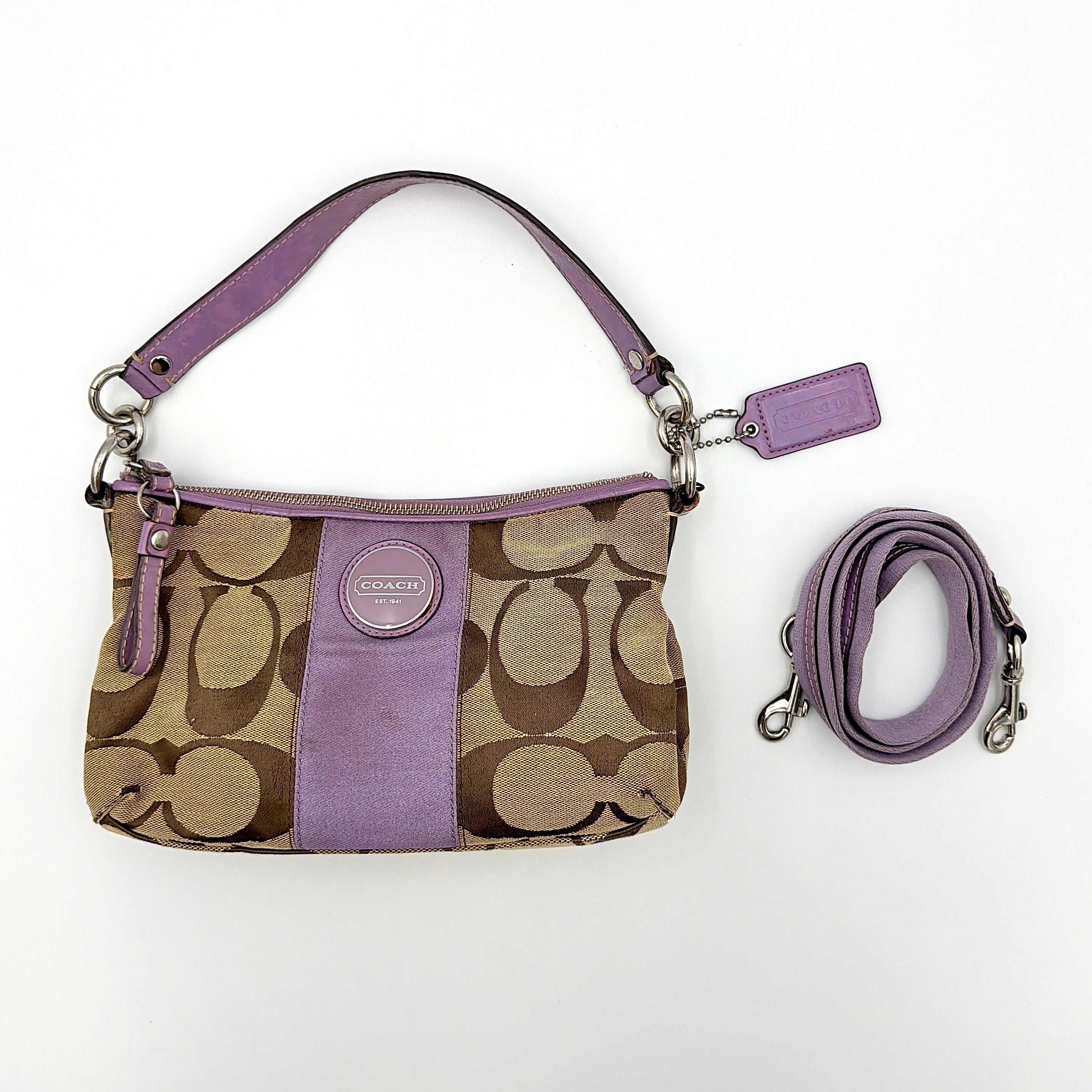 Coach 2Way Signature Shoulder Bag in beige jacquard with purple leather accents and silver hardware, shown with both short handle and detachable long strap.