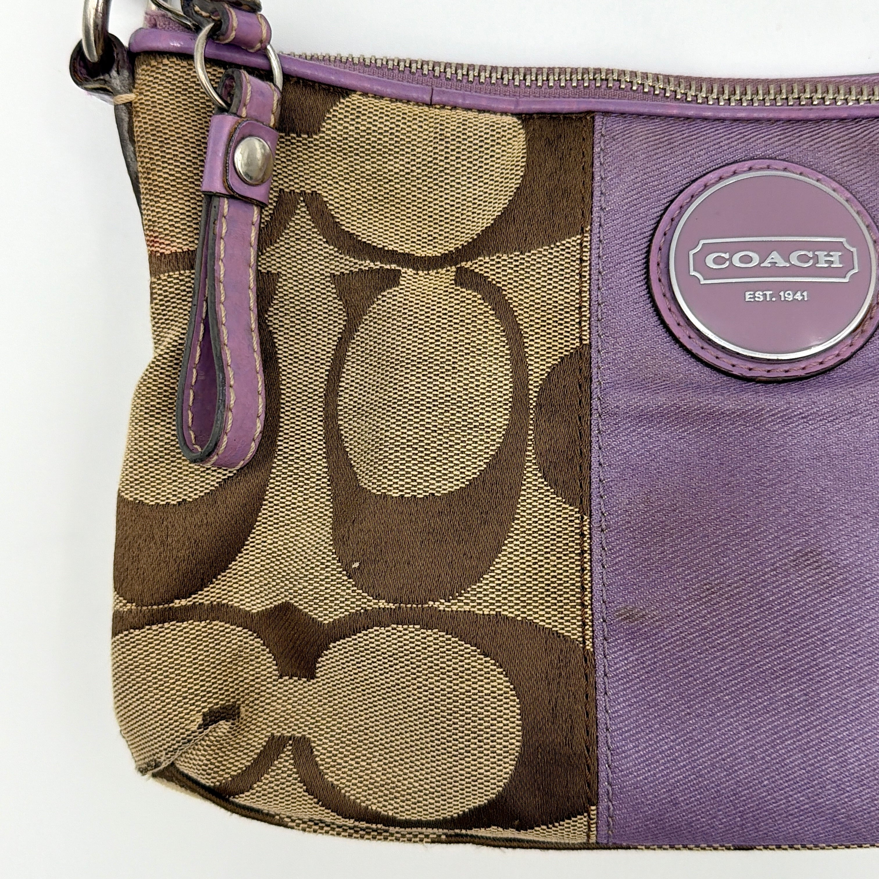 Coach 2Way Signature Shoulder Bag in beige jacquard with purple leather accents and silver hardware, shown with both short handle and detachable long strap.