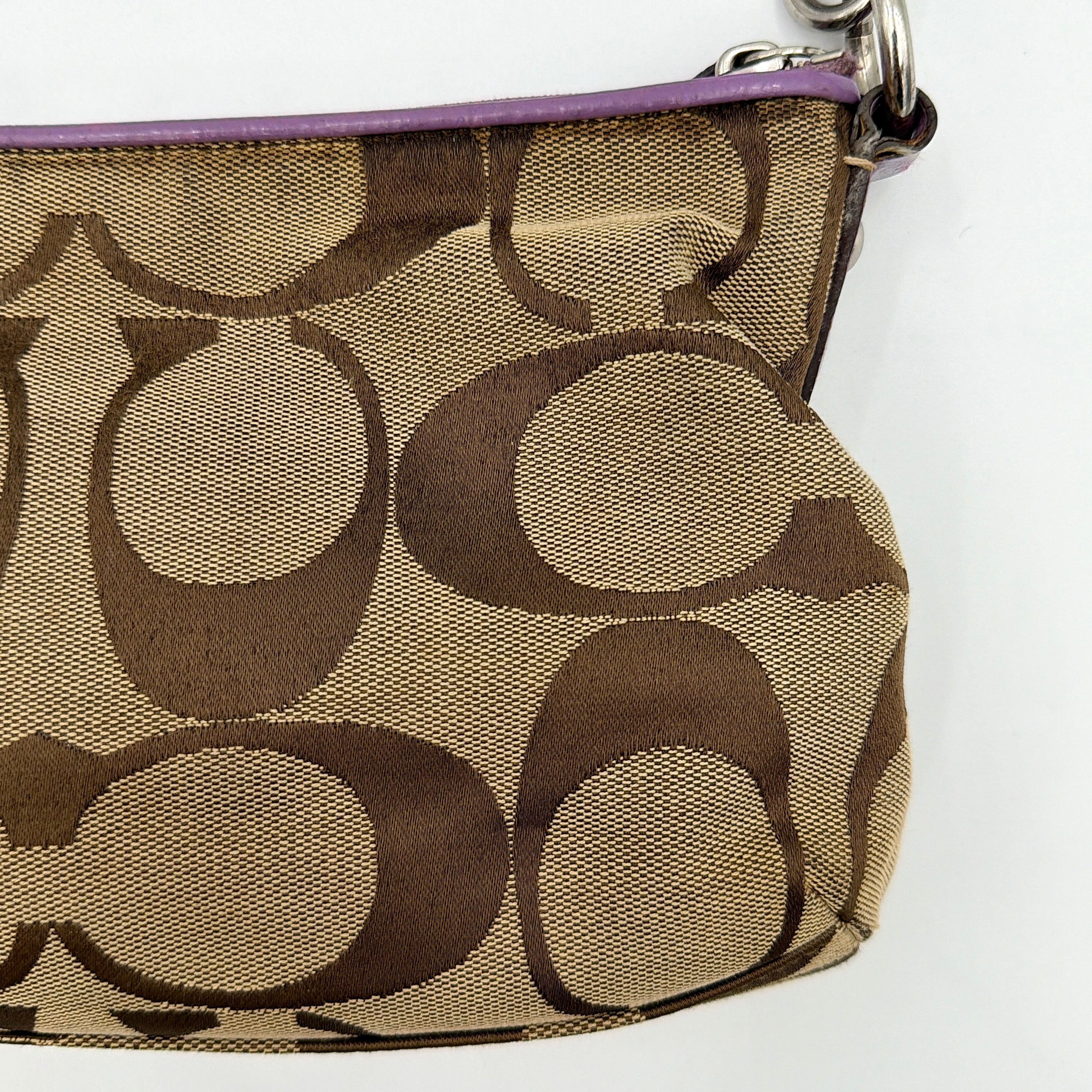 Coach 2Way Signature Shoulder Bag in beige jacquard with purple leather accents and silver hardware, shown with both short handle and detachable long strap.