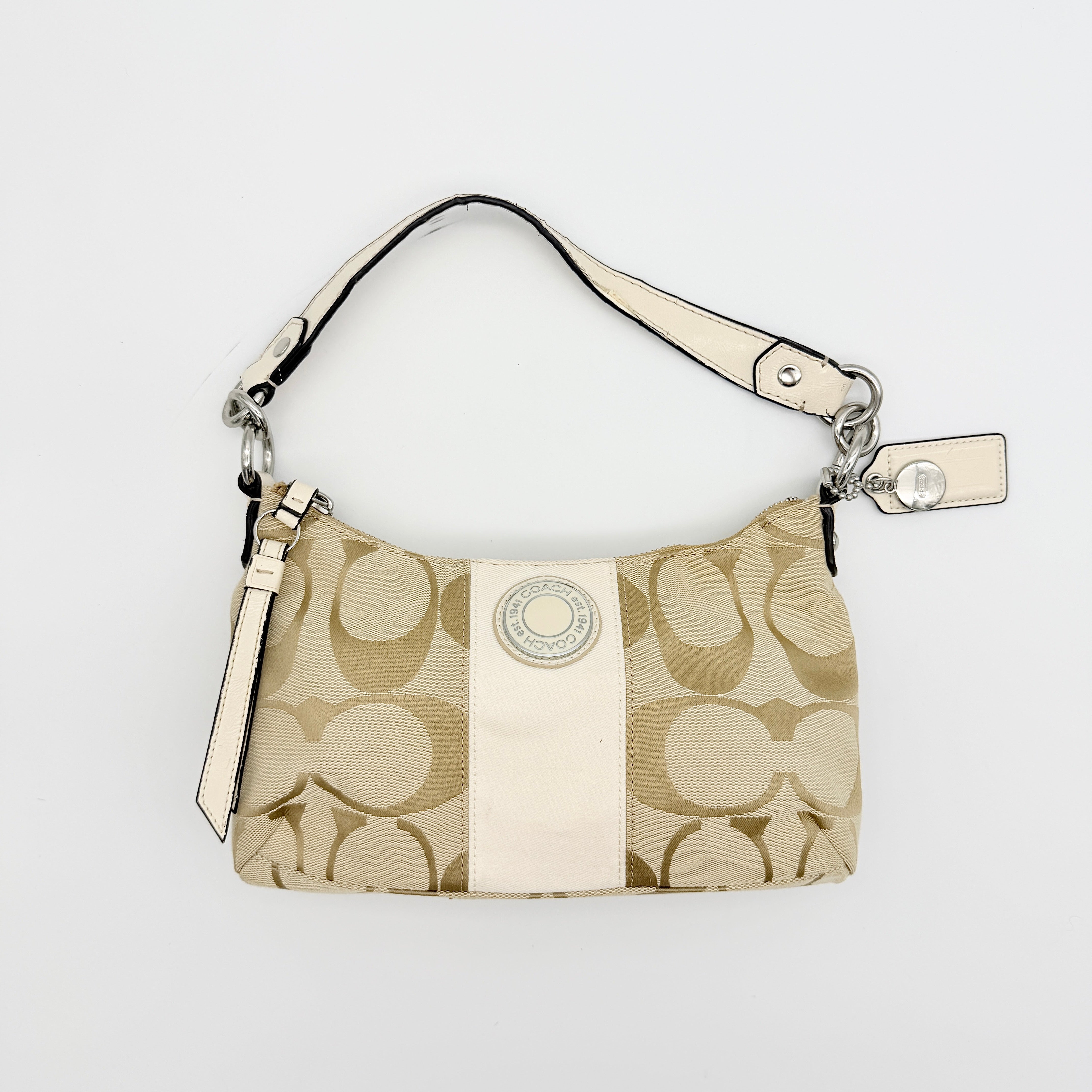 Coach 2Way Signature Stripe Shoulder Bag Beige/White